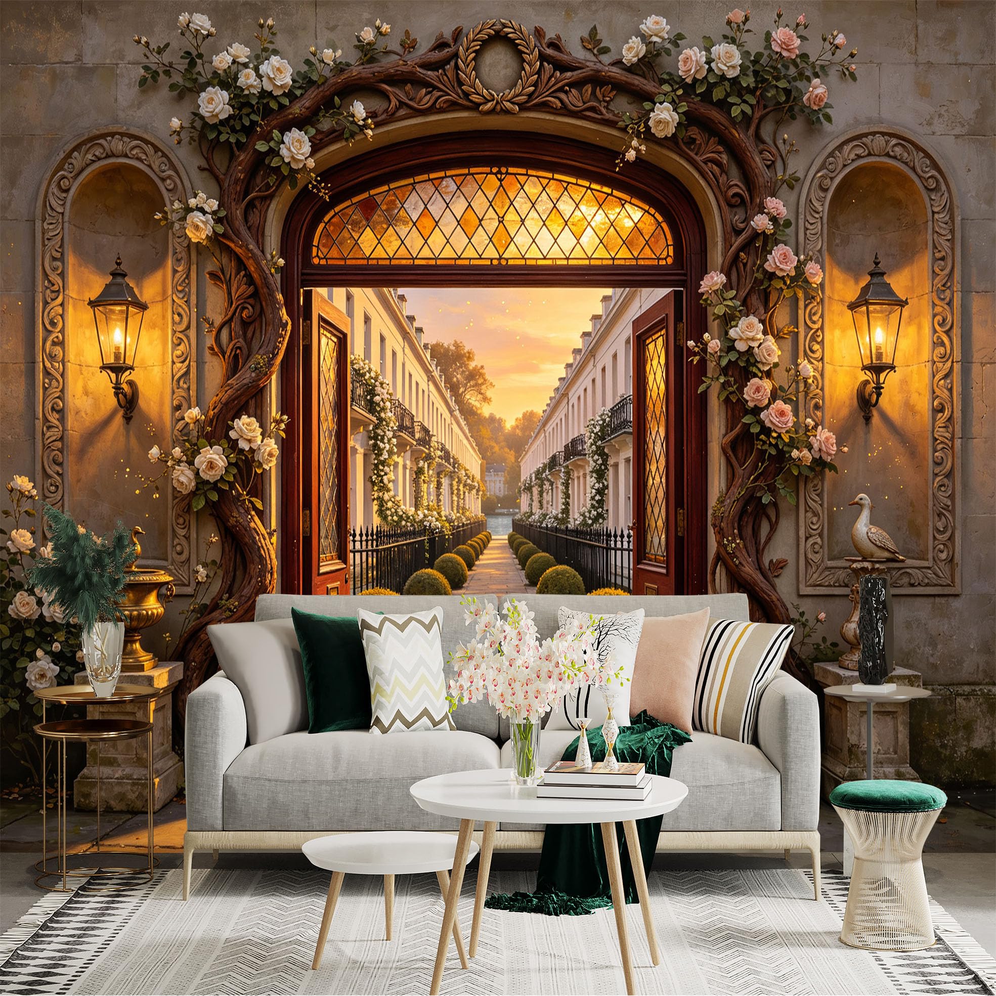 Custom Size Wall Sticker Mural， Vintage Garden Archway with Roses， Elegant Courtyard Path and Lanterns， for wall Decoration， peelandstick wall Decals.
