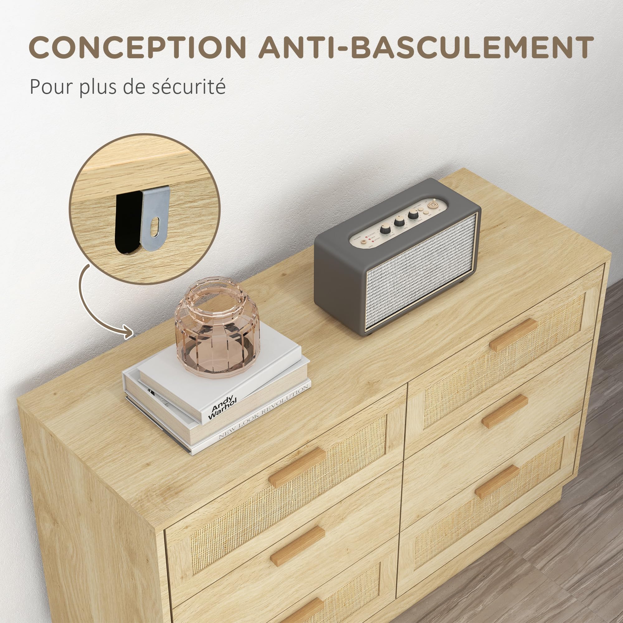 HOMCOM Commode 6 Tiroirs Commode Bois 110 x 40 x 69 cm Chêne | Meuble de Rangement, Style Bohème, Commode en Rotin, Chambre à Coucher, Salon, Entrée