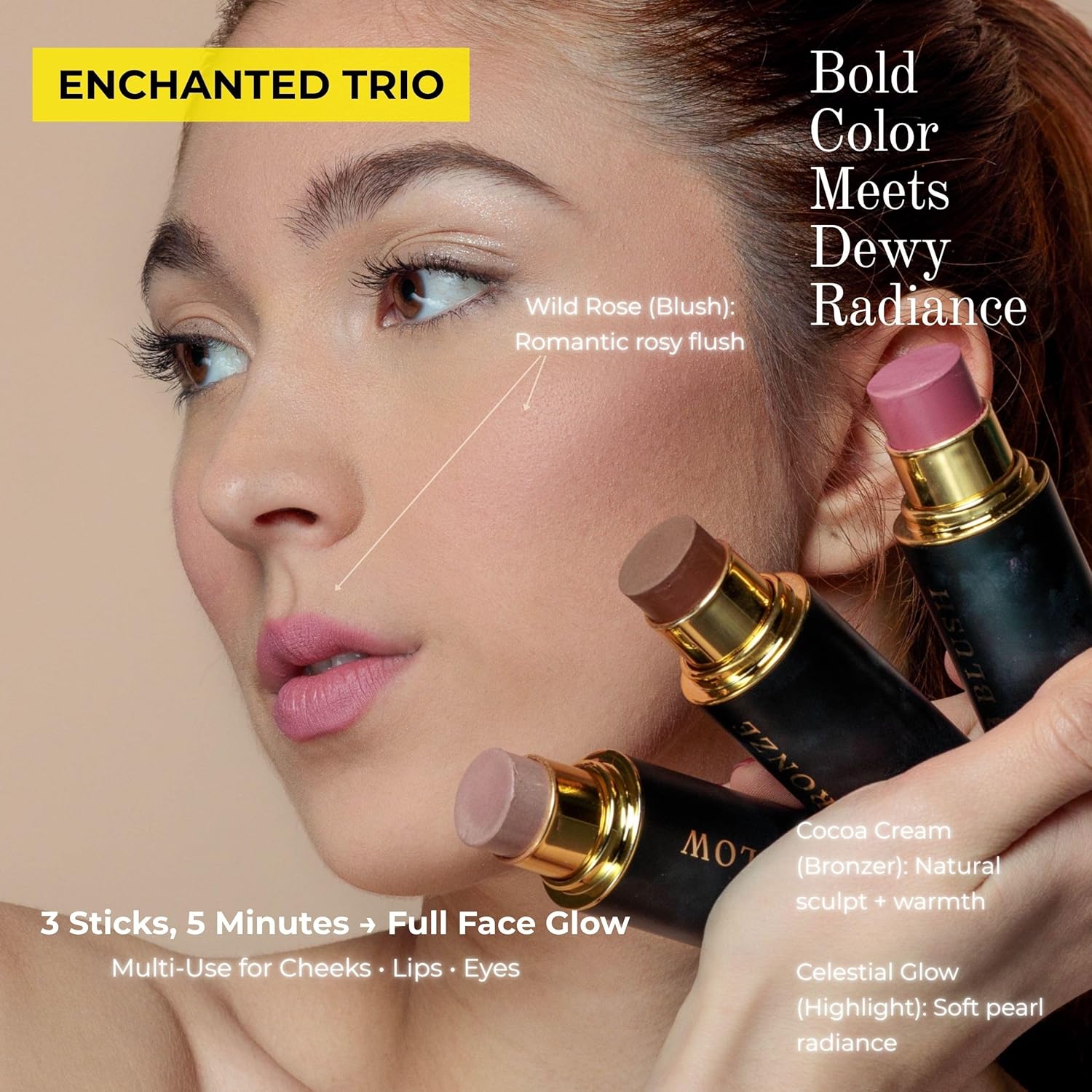 Cream Contour Stick Set – Blush, Bronzer & Highlighter Trio | Hydrating, Buildable, High-Pigment Makeup with Shea Butter & Vitamin E | Phoenix Beauty Gift Set (Enchanted) - Image 3