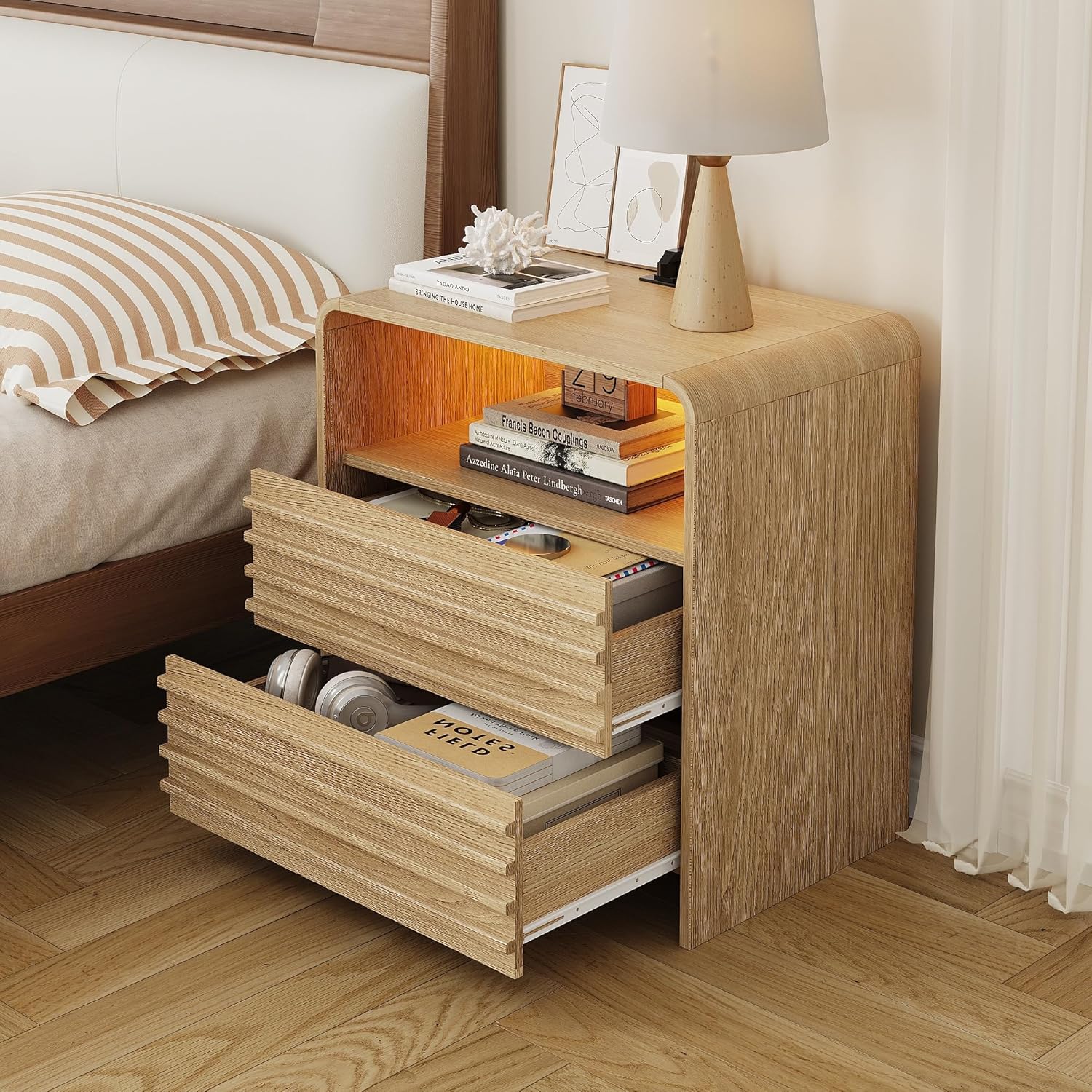 Fameill Fluted Nightstands,Nightstand with Charging Station,LED Night Stand with Two Drawers,Bedside Table with USB Ports and Outlets,Modern End Table for Bedroom (Burly Wood)