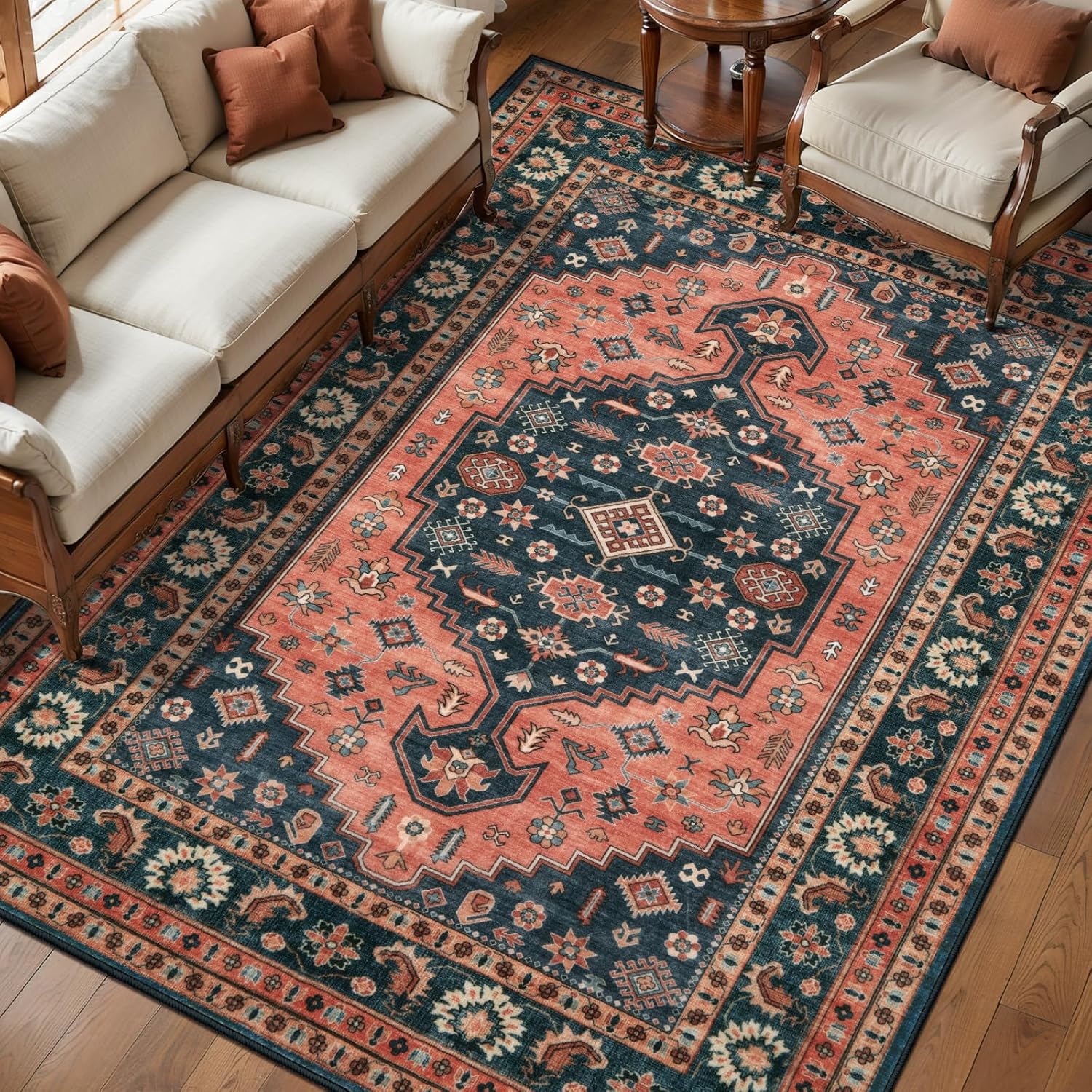 Tangsoo Washable 5x7 Area Rug for Living Room,Vintage Non Slip Large Rugs Soft Non-Slip Oriental Red Blue Carpet,Boho Low Pile Foldable Floor Rug for Bedroom Dining Room Dorm Office Home Decor