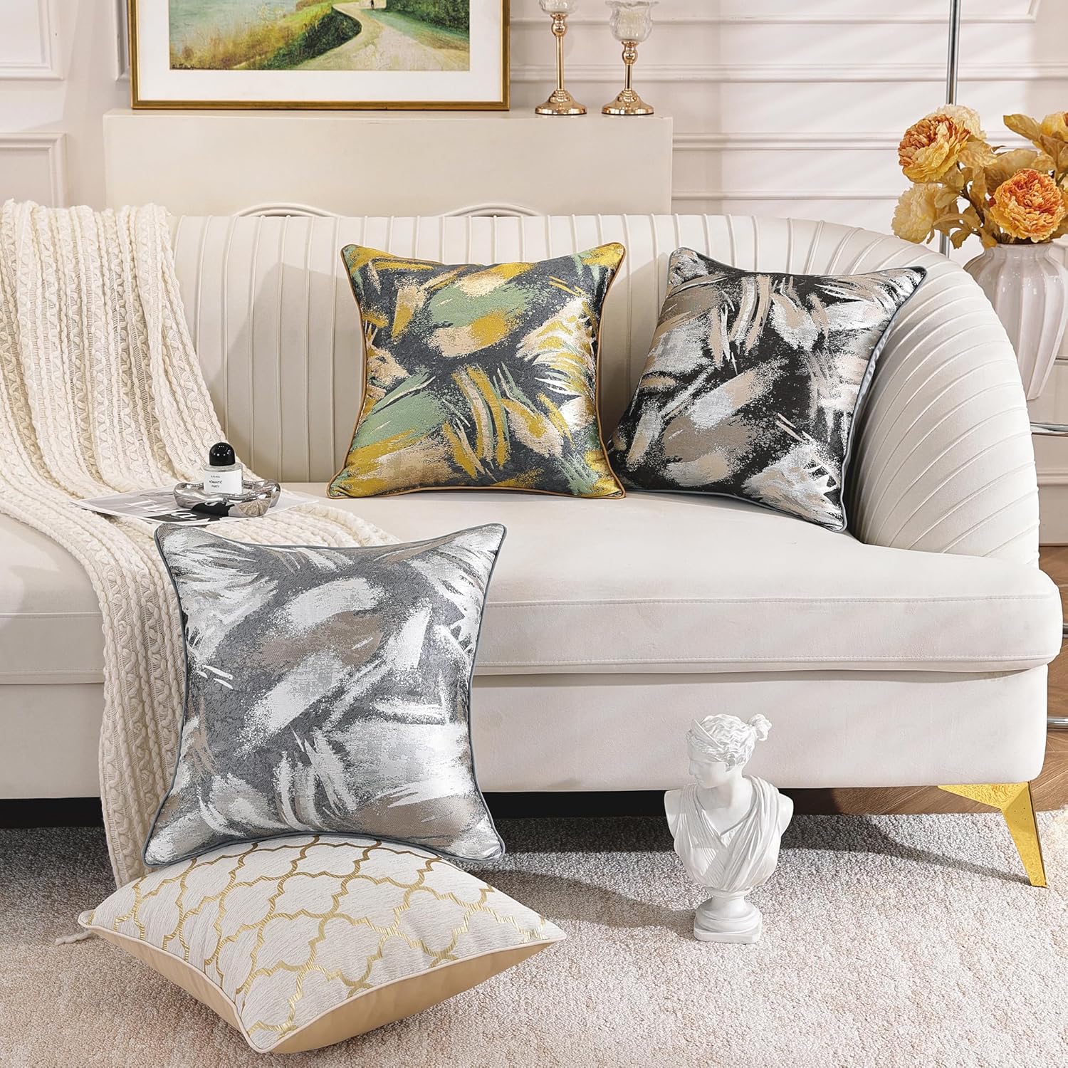 TAOSON Set of 2,High Precision Jacquard Beige and Gold Moroccan Pattern Deco Throw Pillow Covers Cushion Cases Modern Quatrefoil Accent Square Pillowcase for Sofa Couch Bedroom Living Room Home,20x20