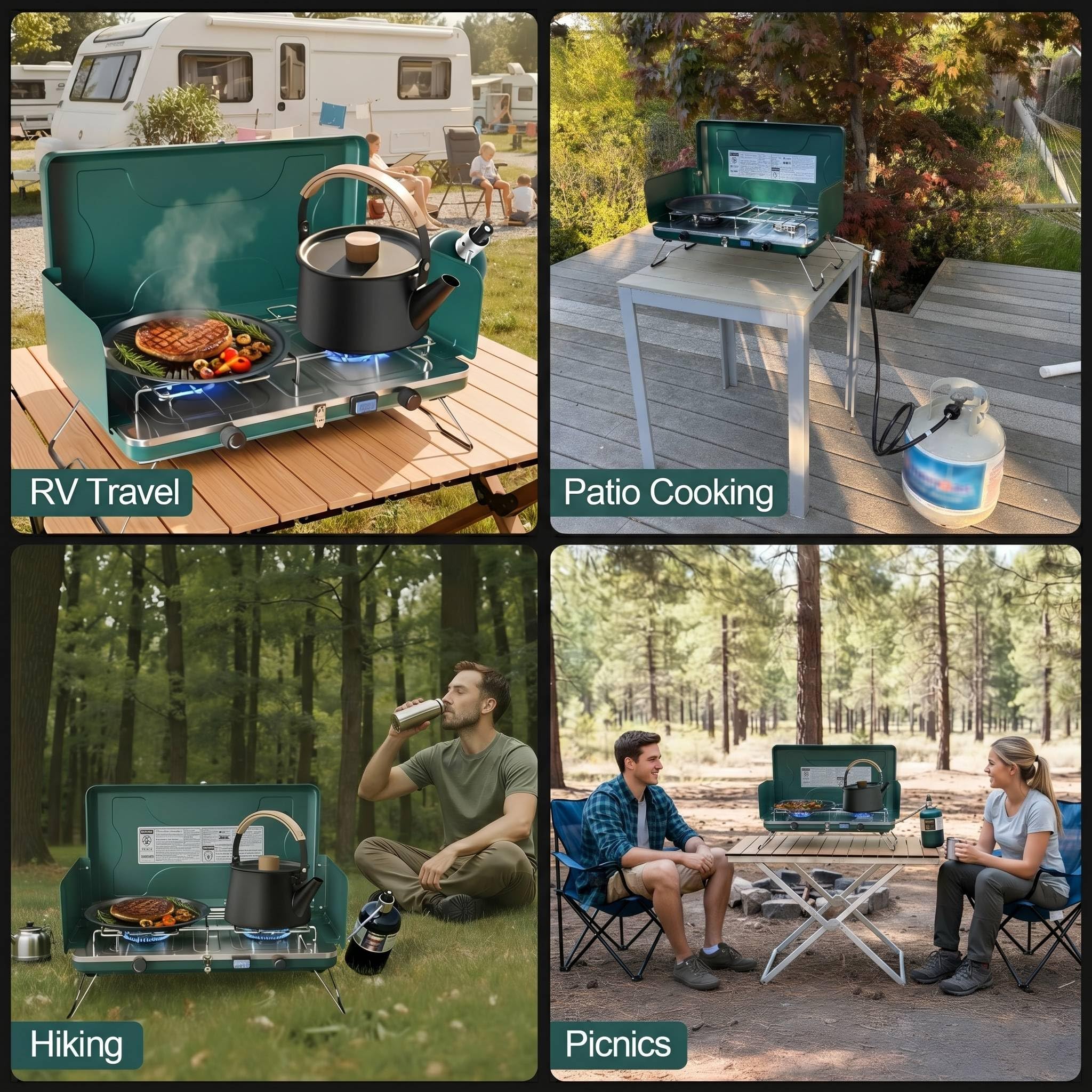 2-Brenner-Herd, tragbarer Campingkocher mit 2 verstellbaren Brennern und Windschutz, 20000BTU Campingkocher mit Zündung & Grillplatte für Camping, Heckklappe, Grillen, Outdoor