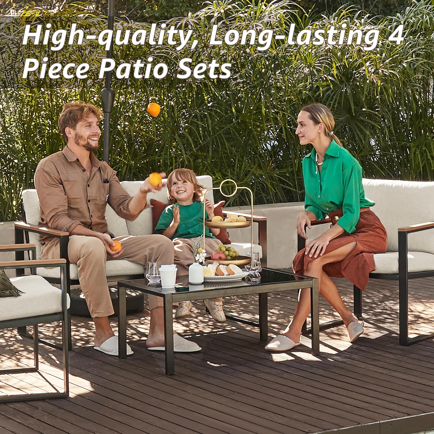 NATURAL EXPRESSIONS 4 Pieces Patio Furniture Sets,Metal Outdoor Patio Furniture Sets,Outdoor Sectional Patio Conversation Set,Wooden Anti-Scald Armrest,Sling Mesh,4" Olefin Cushions