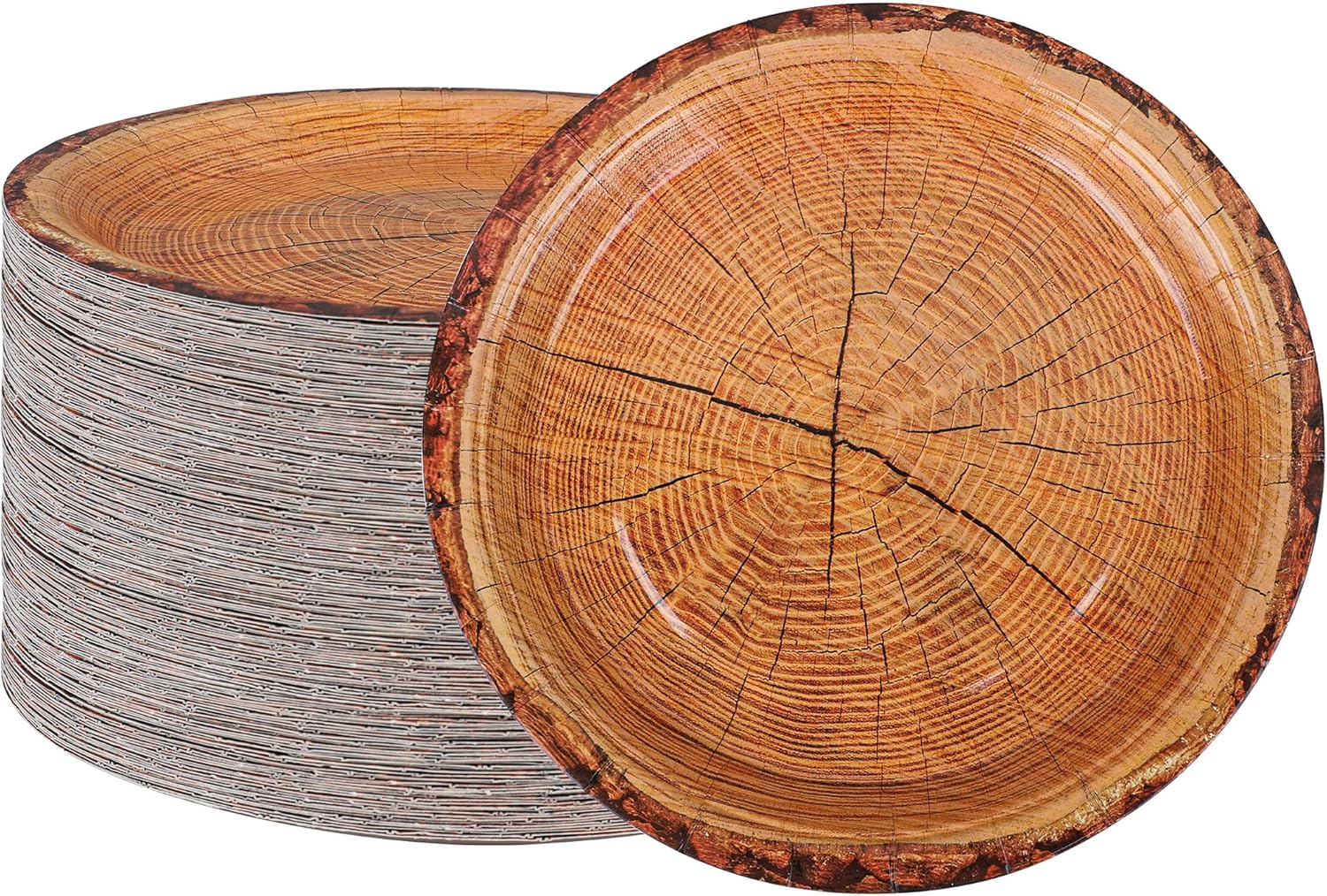 peony man 50 Count Wood Grain Paper Plates 9" Rustic Wood