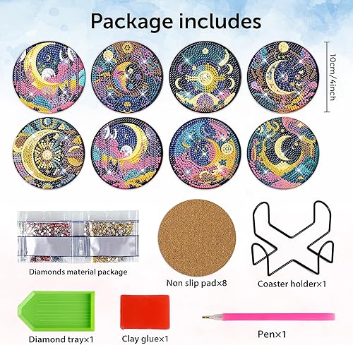 Miniatura 2 de Juego de 8 posavasos de diamantes con diseño de luna mística con soporte para principiantes, adultos, niños, suministros de manualidades con