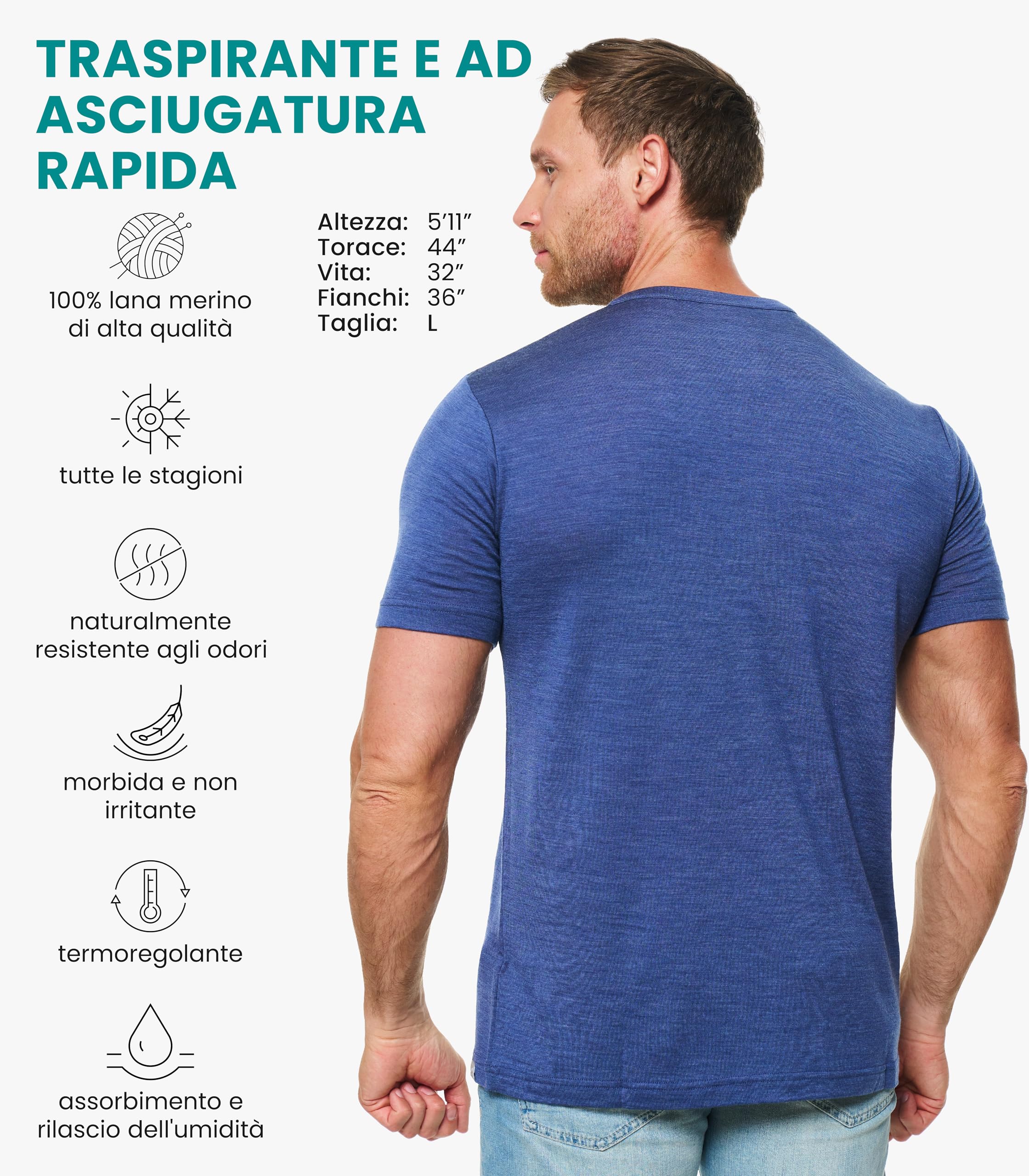 Merino.tech T Shirt Lana Merino Trekking Uomo con Strato Base Manica Corta | Maglietta per Trekking, Ciclismo, Attività, Scollo a V, Girocollo, Henley, Leggero, Traspirante, Anti-Odore, Non Pizzica