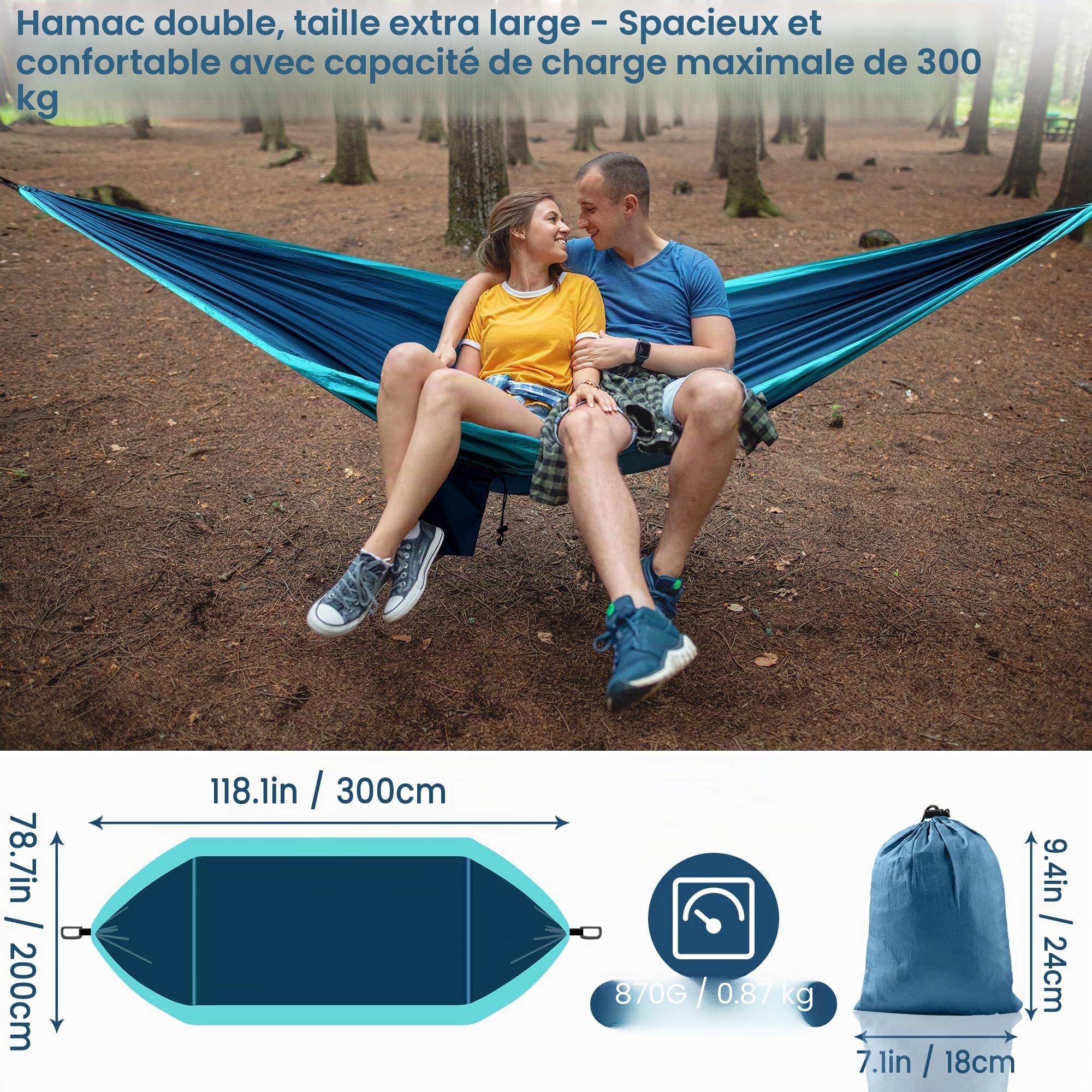 Hamac XXL 2 Places 300 x 200 cm – Pliable, Ultra-Léger et Portable – Hamac Extérieur avec Capacité de 300 kg – Idéal pour Jardin, Camping, Voyage, Balcon et Intérieur (Bleu)