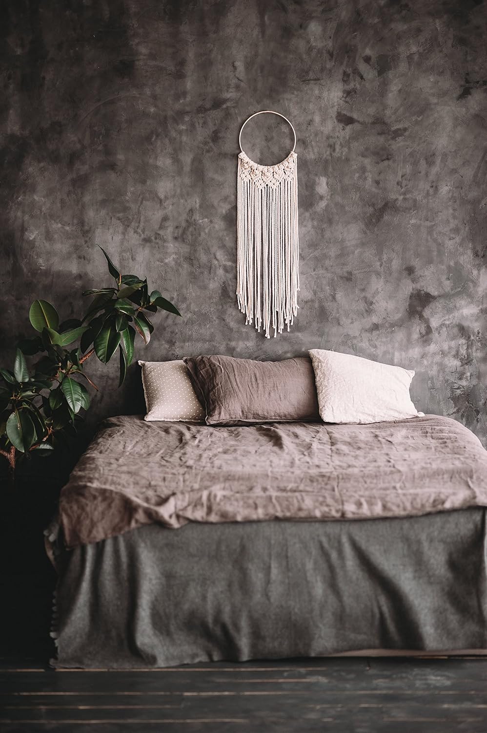 Macrame on hoop, handmade macrame dream catcher, natural cotton (Dark grey)