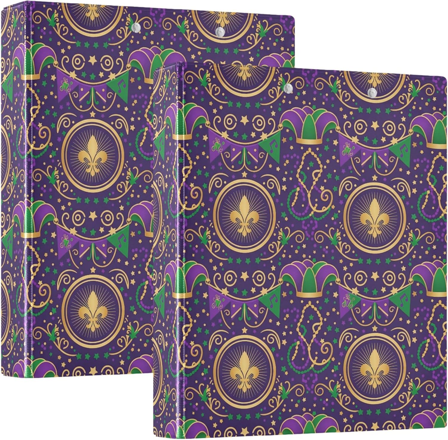 Mardi Gras Theme 3 Ring Binders, 1.5” Round Ring Binders with Clipboard - Letter Size, 3 Interior PVC Clear Pockets & Anti-Slip Clip for Office School Supplies, 2PCS