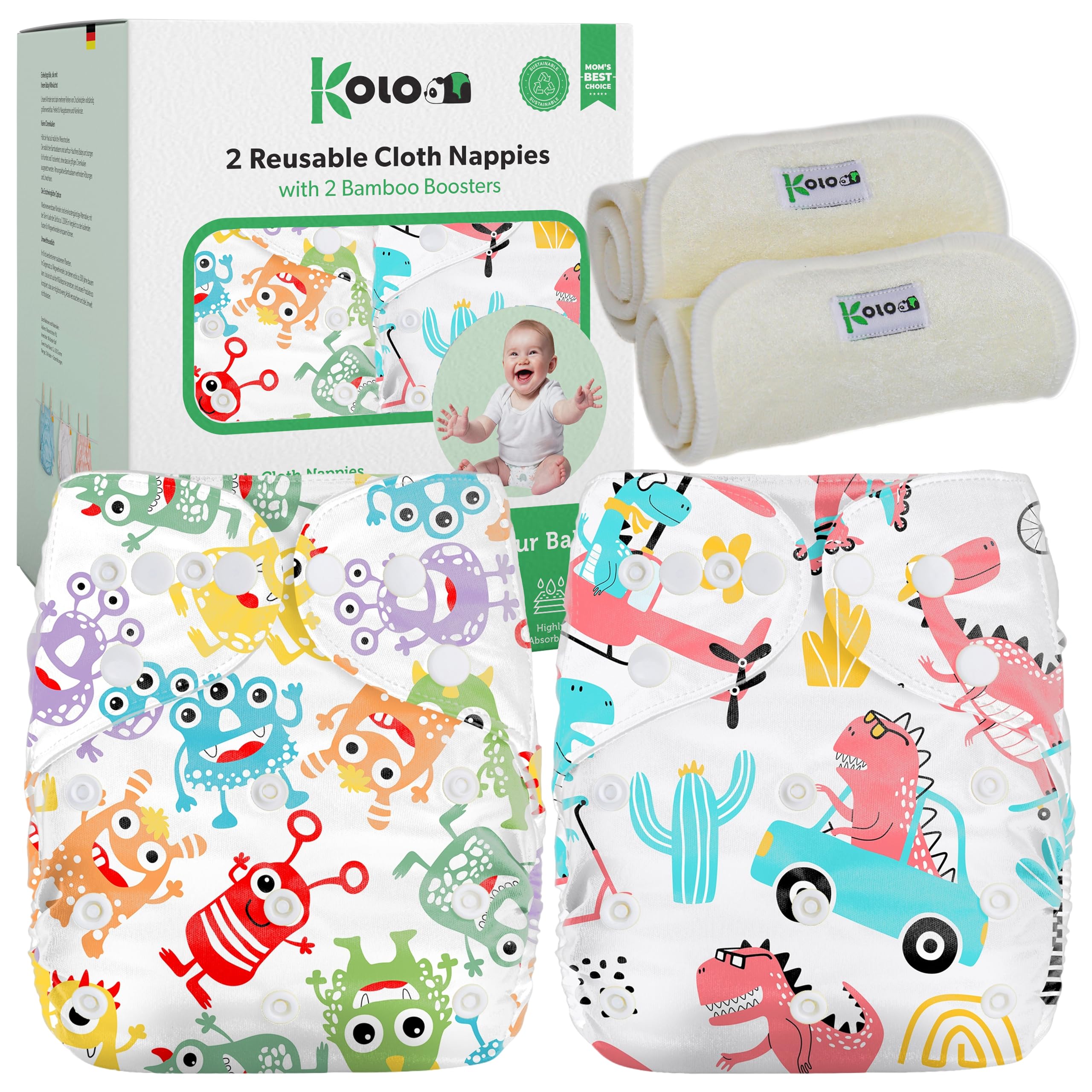 Kolo – 2 wiederverwendbare Windeln für Babys & Neugeborene + 2 Bambuseinlagen | Waschbare, einstellbare Stoffwindeln, unisex | 100 % umweltfreundlich | Design MonsterParty