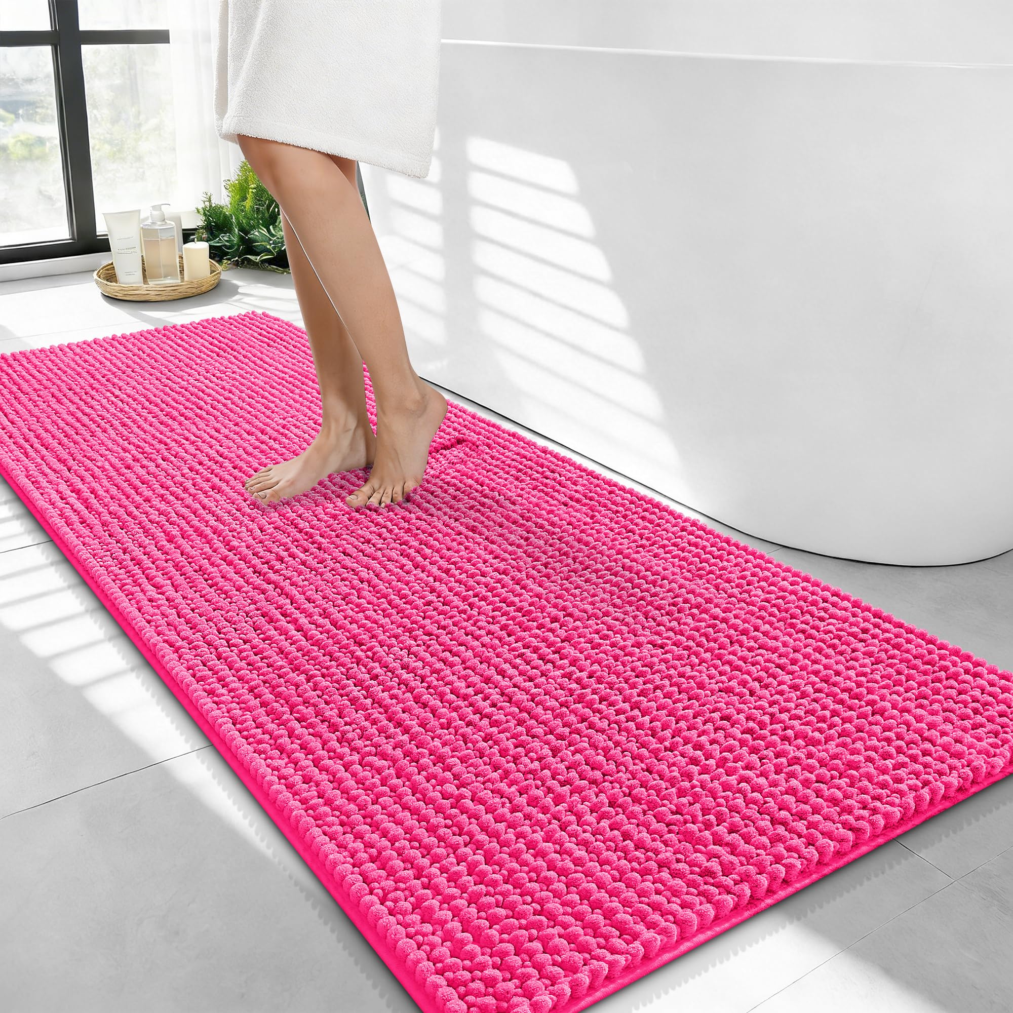 OLANLY Thick Chenille Bathroom Runner Rugs Mats 44x24, Hot Pink