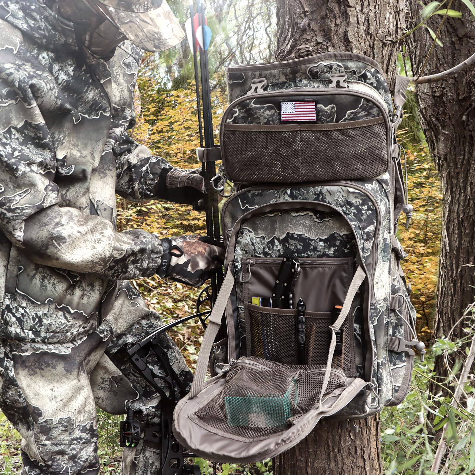 FunVZU Hunting Backpacks for Men,Saddle Hunting Bag with Bow Holder, Lage Compound Bow Hunting Backpack & Duffle Bags, Deer Hunting Backpack with Rifle Holder (Forest Rock Camo)