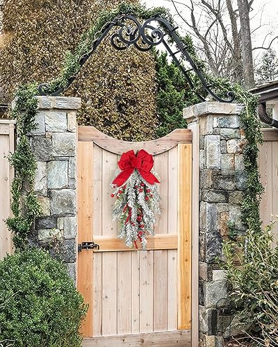 Miniatura 8 de Guirnalda Navideña en Forma de Lágrima Preiluminada de 28 pulgadas, Decorada con Ramas de Pino Artificial Nevadas, Bayas Rojas, Lazo con Alambre,