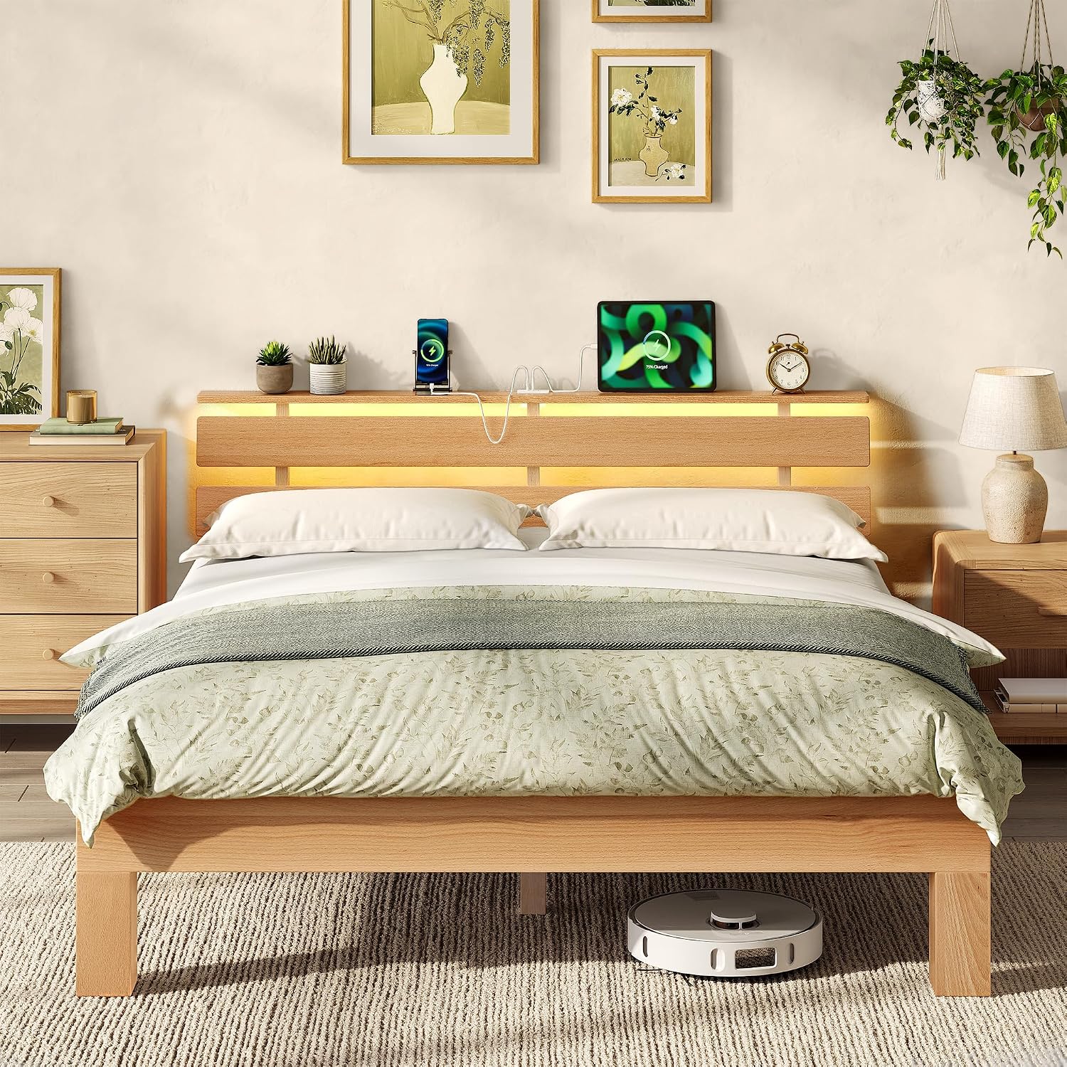 (-15%) VASAGLE Massivholzbett, Bett Massivholz Buche, mit LED-Beleuchtung und USB