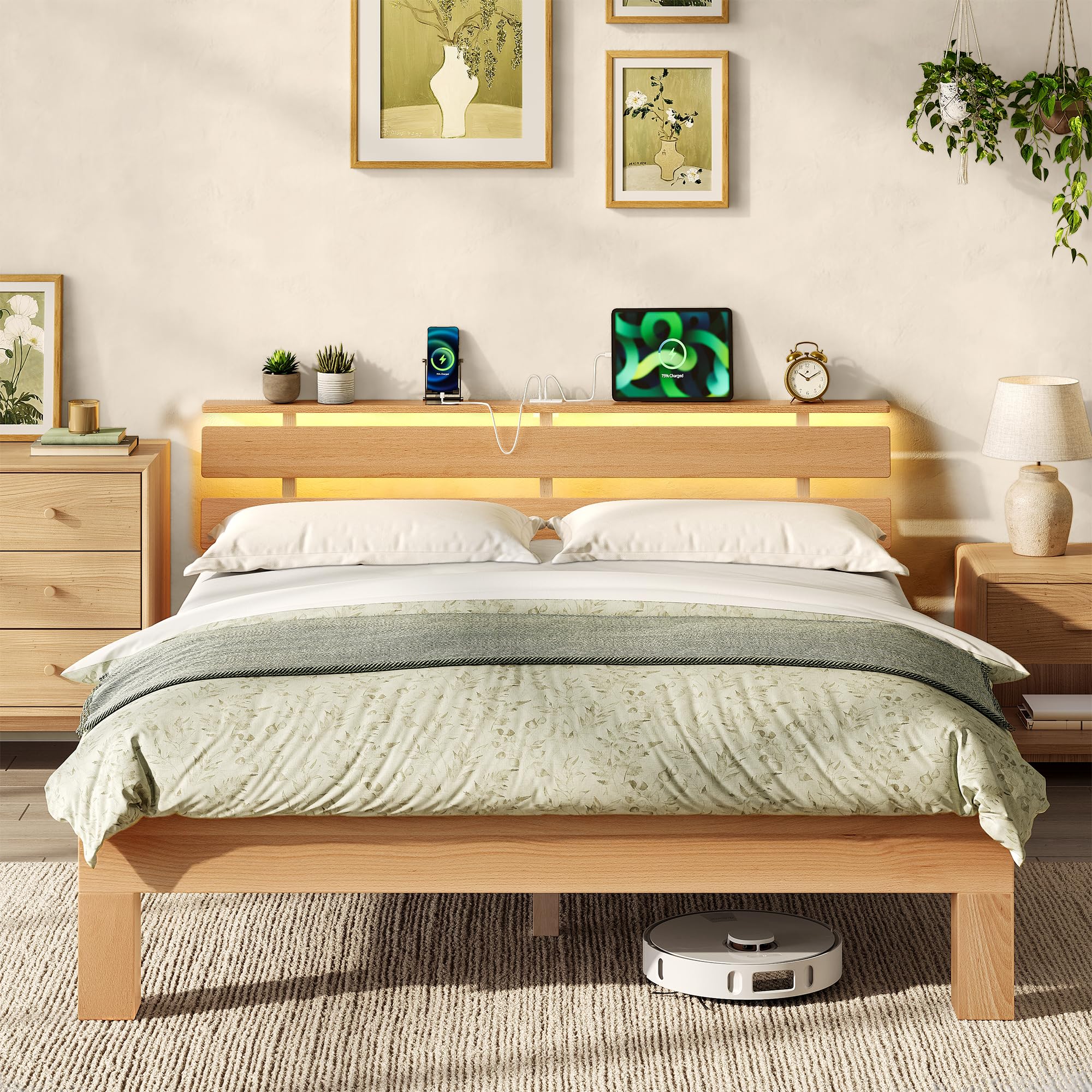 VASAGLE Massivholzbett, Bett Massivholz Buche, mit LED-Beleuchtung und USB