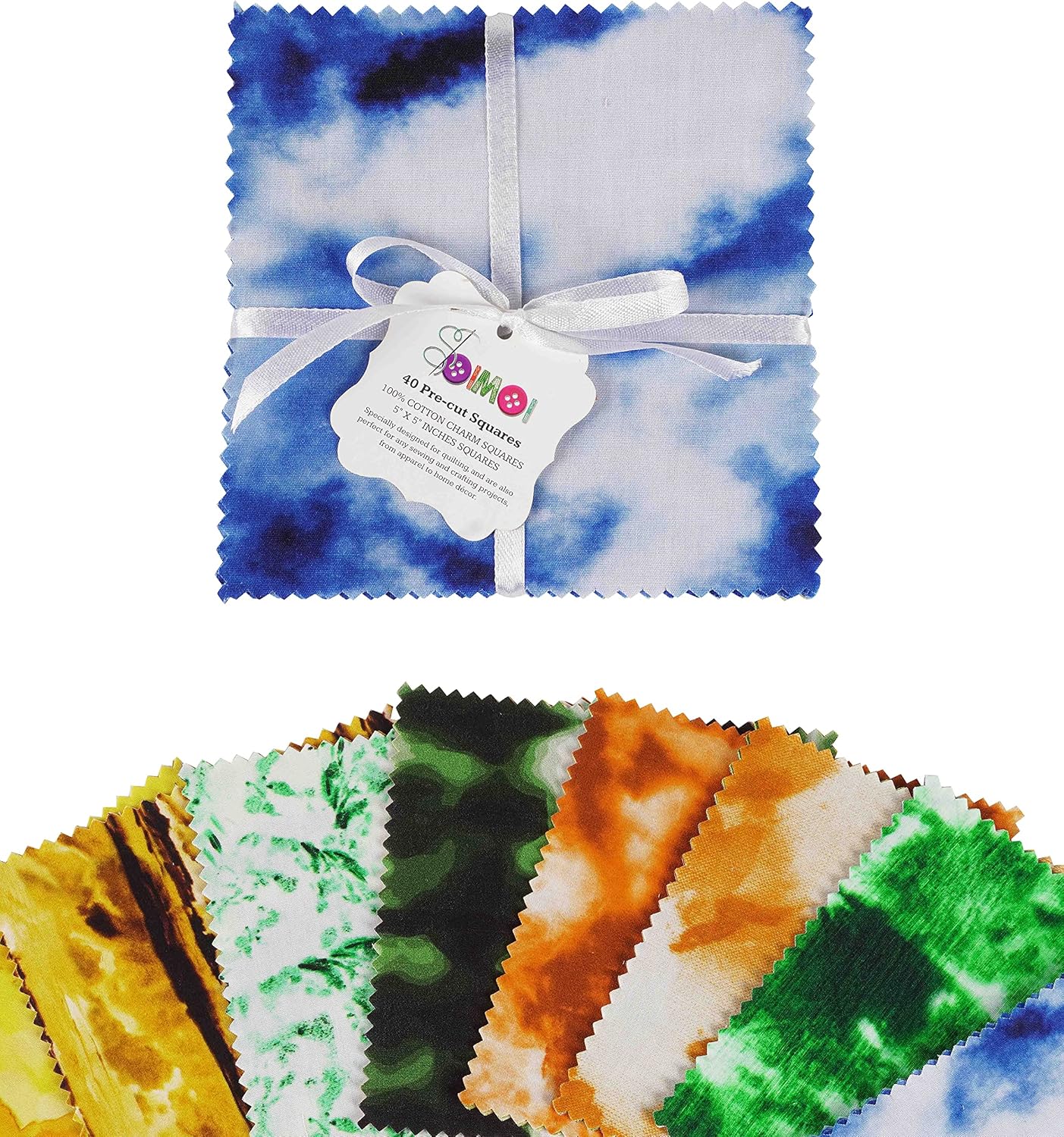 Soimoi Tie Dye Print Precut 5-inch Cotton Fabric Quilting Squares Charm Pack DIY Patchwork Sewing Craft- White