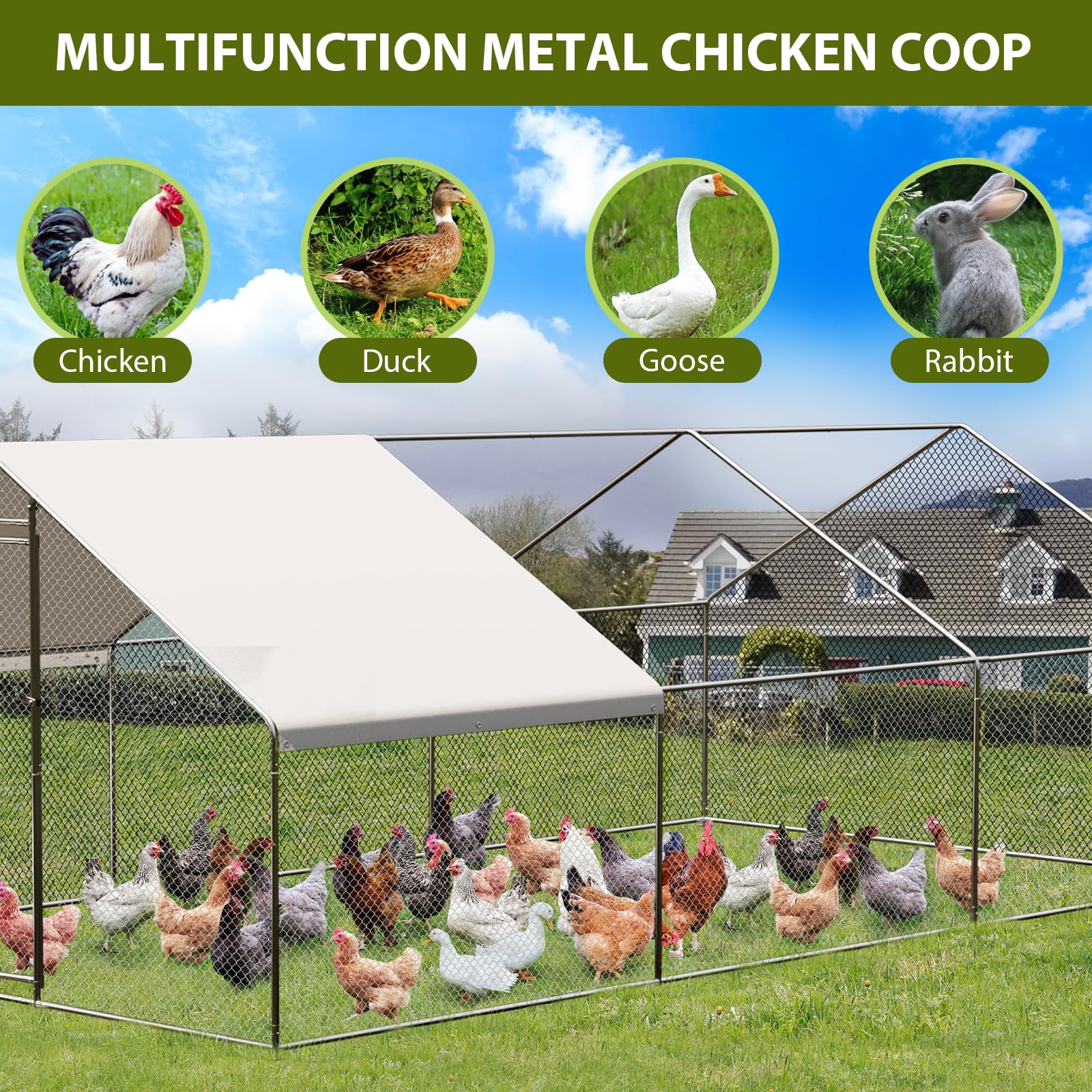 Garvee - Gran recinto para aves de corral de metal para granja y jardín, techo impermeable y protección contra rayos UV, seguridad óptima para gallinas, patos, conejos y animales pequeños, montaje