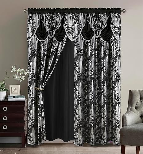 Jacquard Luxury Window 2 Panel Set Black Curtain with Attached
