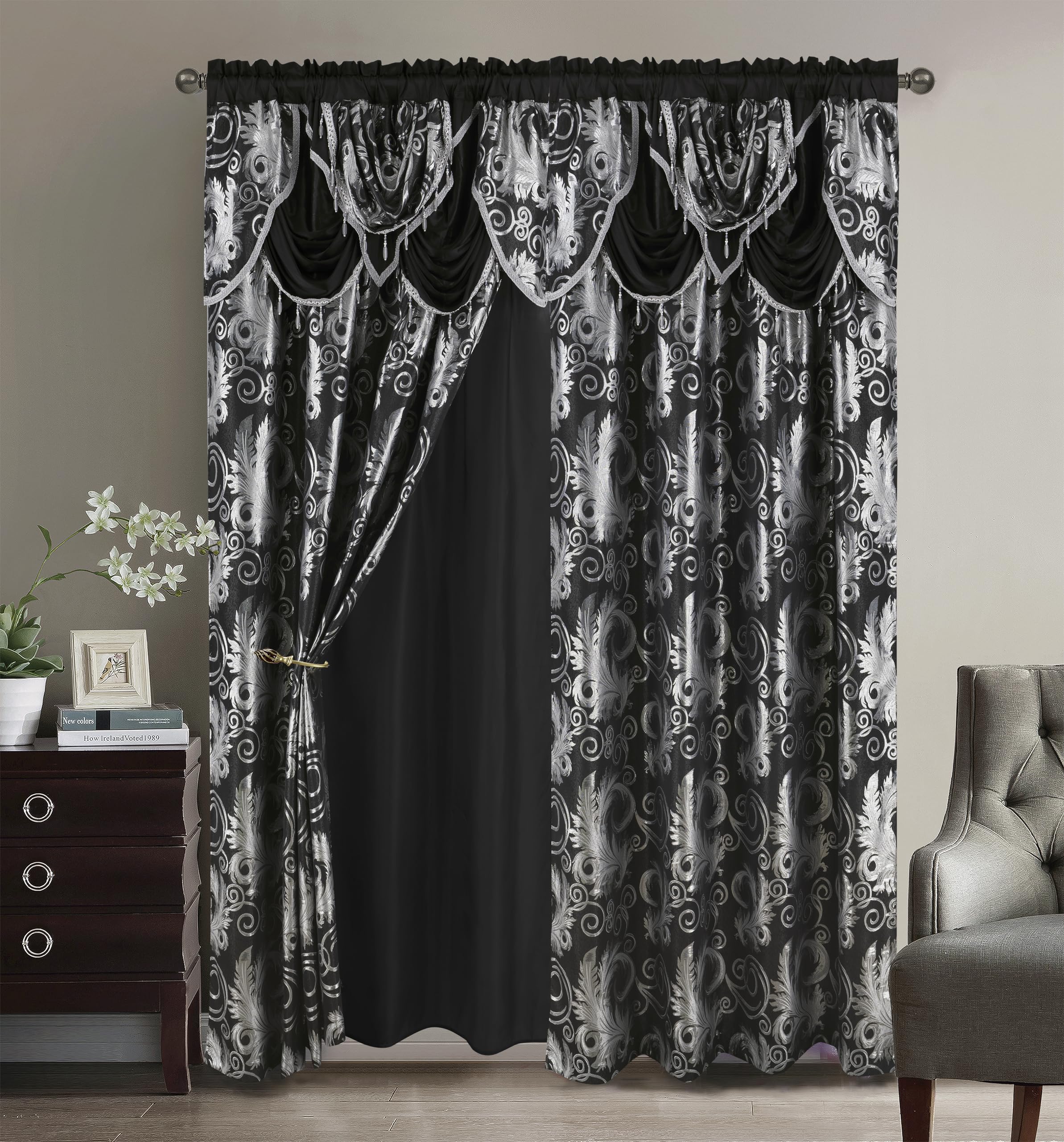 GLORY RUGSJacquard Luxury Window Panel Set Black Curtain with Attached Valance and Backing Bedroom Living Room Dining 110X84 inches Each Jana