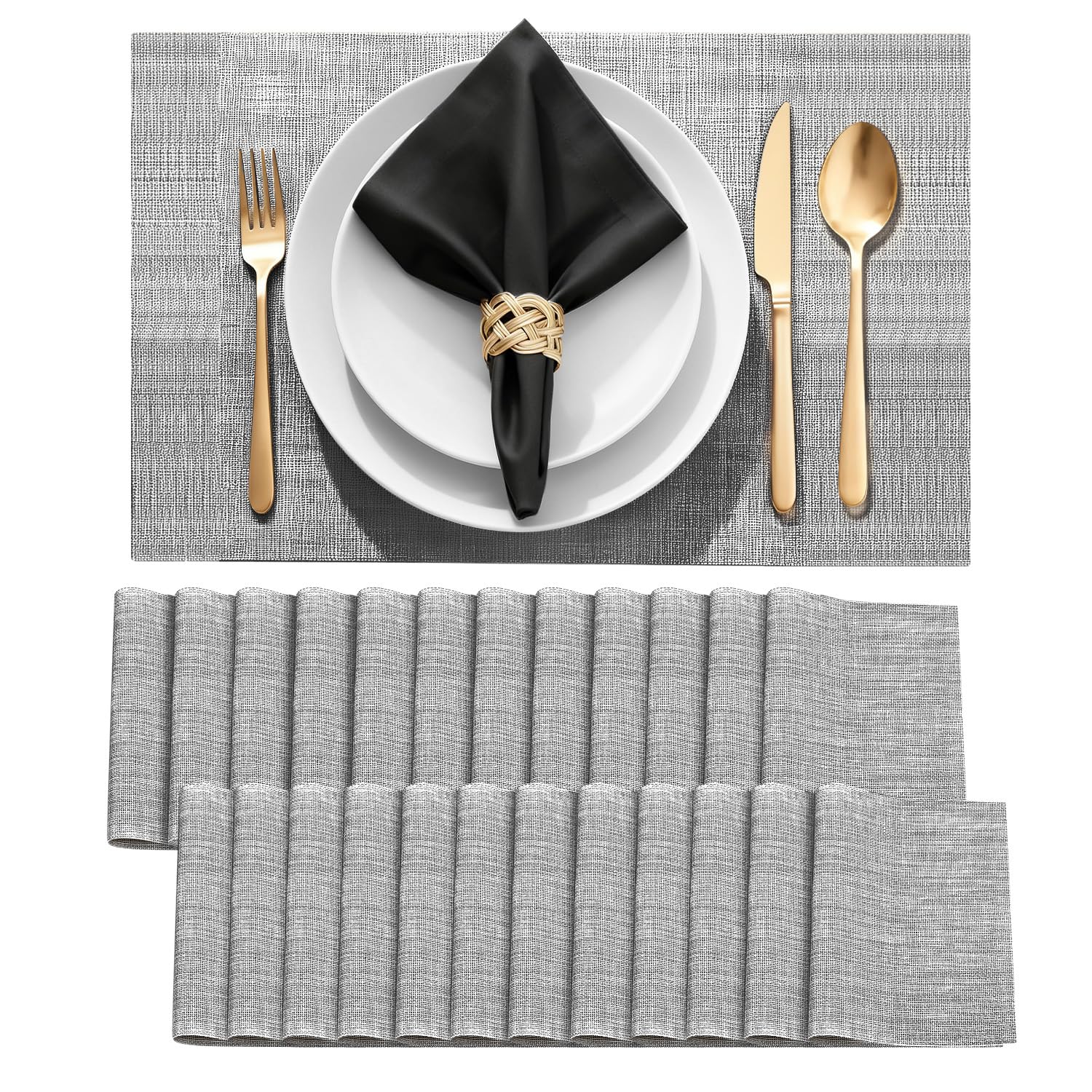 Durable Vinyl Placemats Set of 24, Non-Slip for Dining Table Mat, Heat Resistant Place Mats, Washable Anti-Slip PVC Easy to Clean Wipeable Premium Plastic Mats for Kitchen Grey