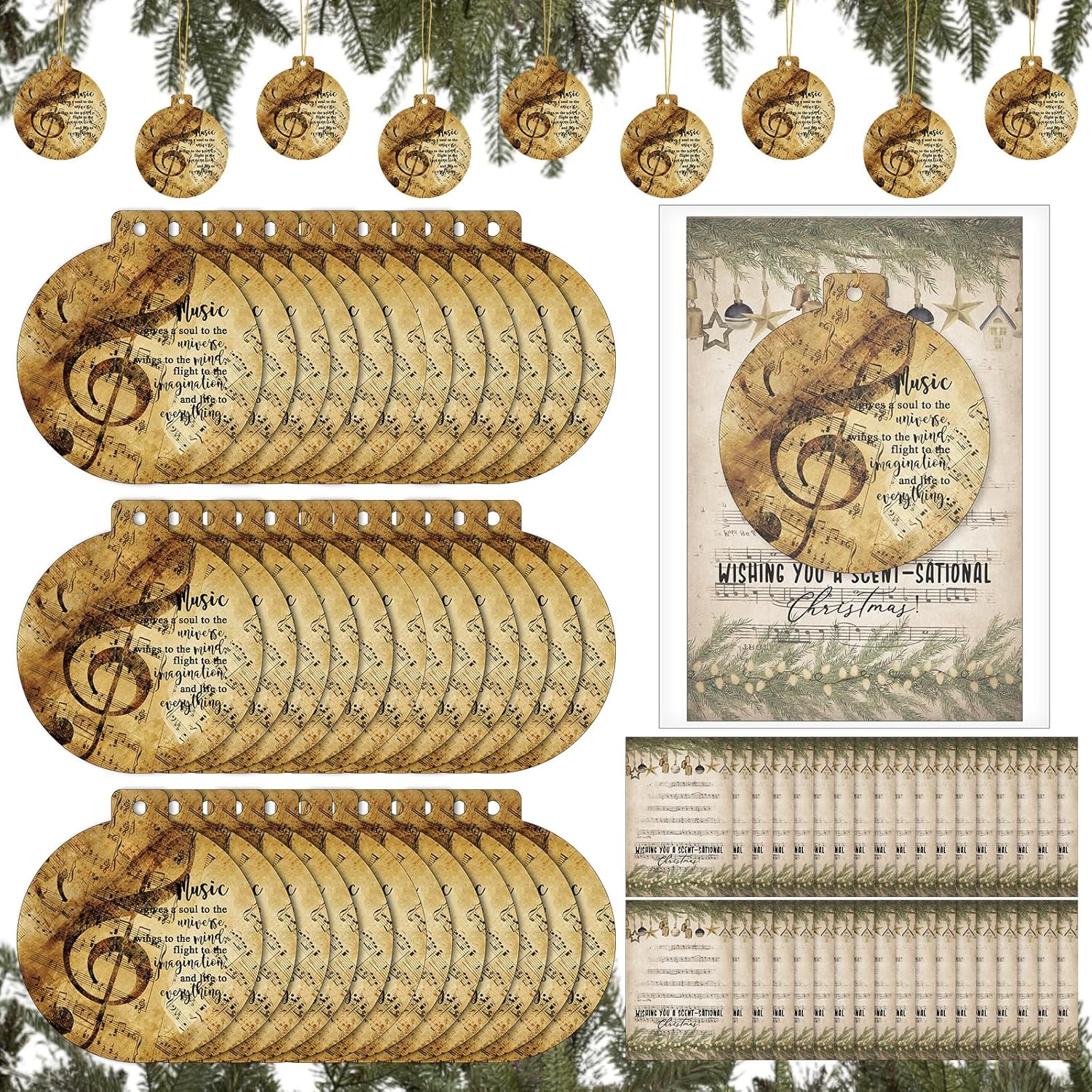 Loopeer 36 Sets Christmas Music Note Ornaments Bulk Musical Scent Ornaments with Wishing Cards Christmas Hanging Decoration for Music Lovers Student Teacher Choir Musician Xmas Tree Office Car