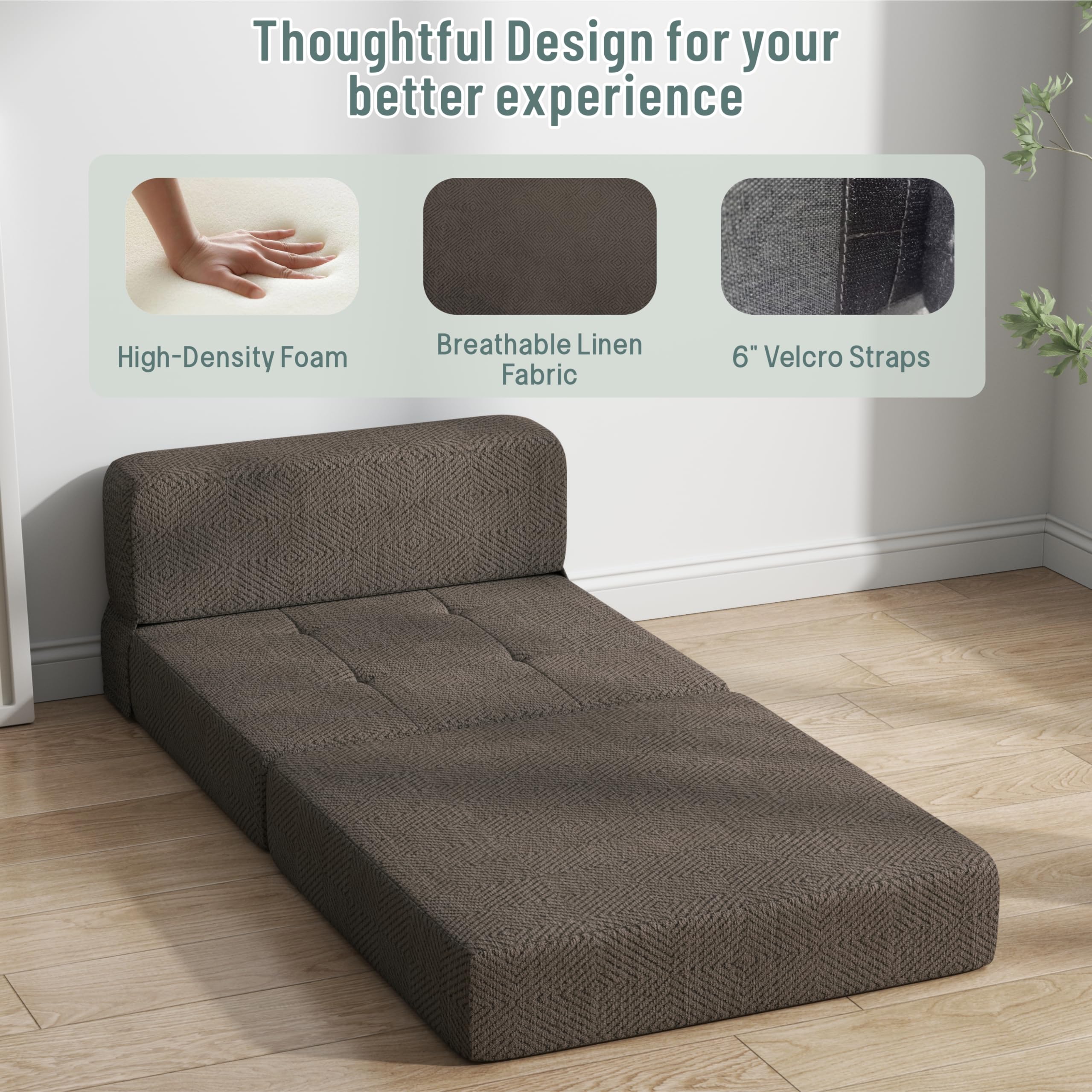 ZeeFu Divano letto pieghevole in memory foam, grigio/marrone, con cuscino, poltrona futon, letto per gli ospiti e divano pieghevole, fodera lavabile per letto matrimoniale (marrone)