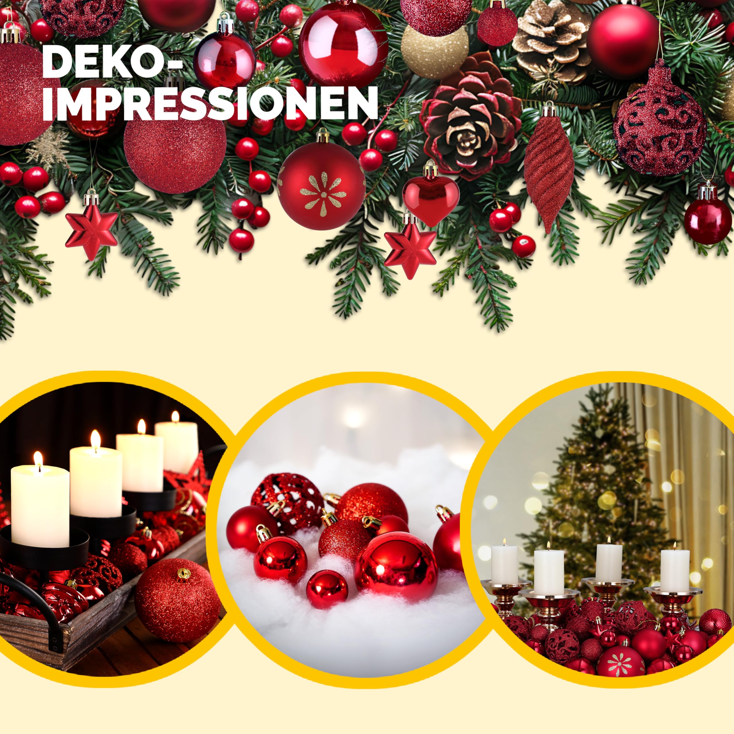 DEUBA® Bolas Adornos para Árbol de Navidad Set Completo 103Pzs. Decoración Navideña Colgante Rojo