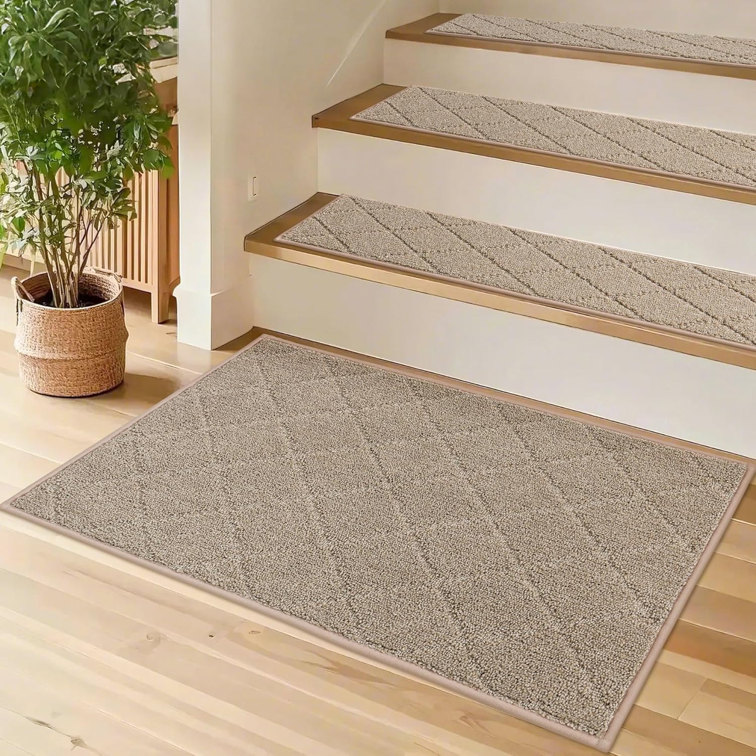 COSY HOMEER Edging Stair Treads Non-Slip Corner Indoor Stair Runners for Wooden Steps,Landing Slip Resistant Stair Rugs for Kids and Dogs, 100% Polyester TPE Backing,Beige,20\"X32\" Beige 20×32 inch