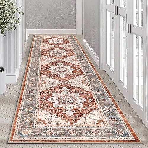 Ileading Alfombra vintage para pasillo, lavable a máquina, con parte trasera de goma, antideslizante, para entrada, dormitorio, sala de estar,