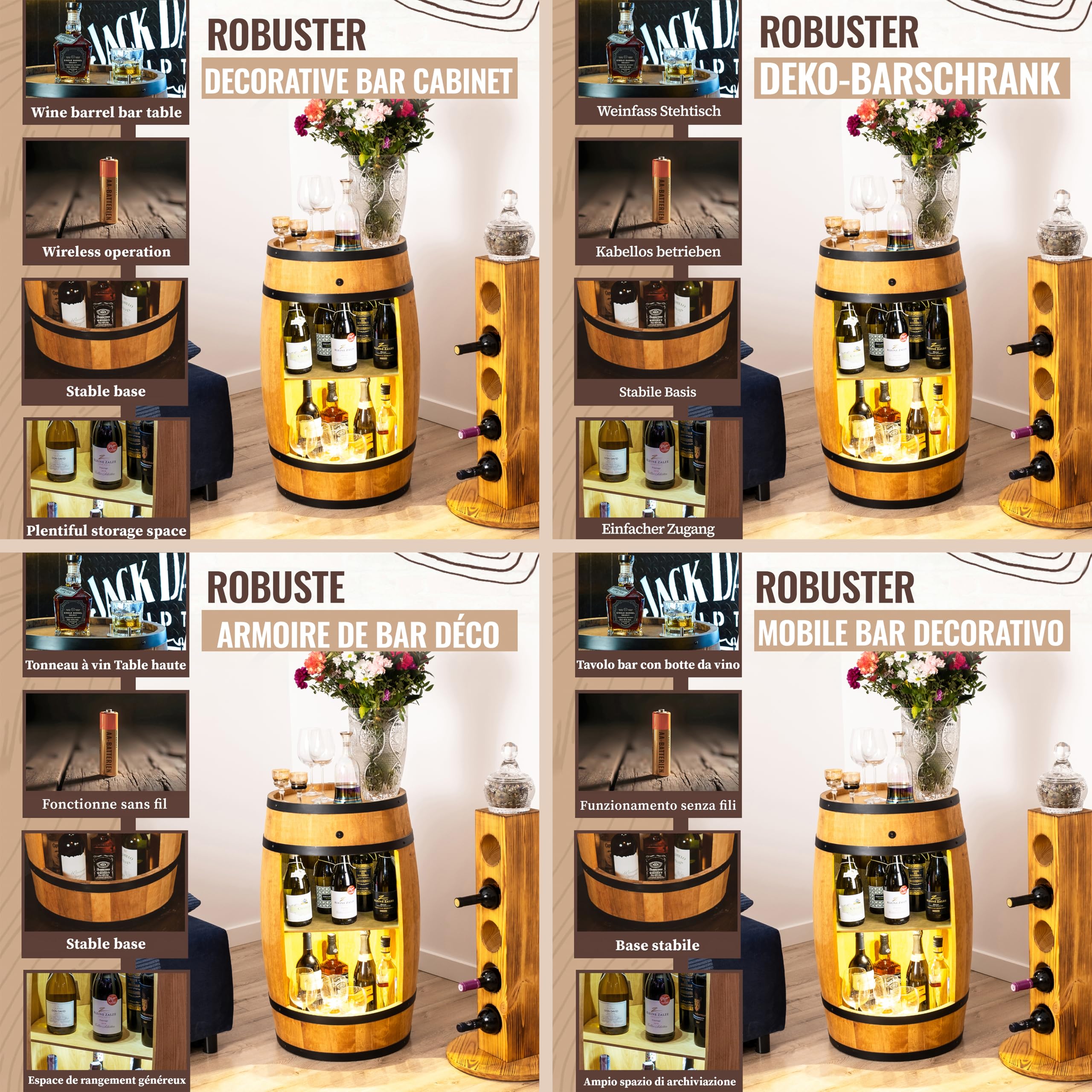 CREATIVE COOPER Tonneau en Bois avec éclairage LED - Armoire Bar Meuble Rangement Bouteille Alcool - Casier à Vin,Whisky, Bière et Boissons - Organisateur d'Armoires d'alcool - 80 cm De Haut (Chêne)