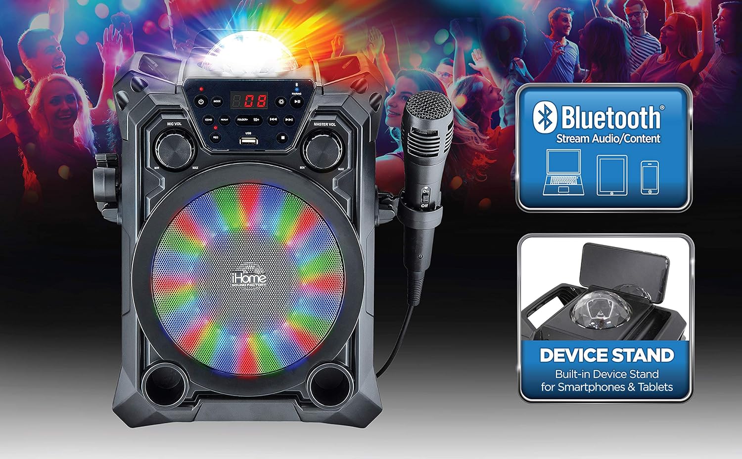 iHome Karaoke Machine with colorful LED lights activated