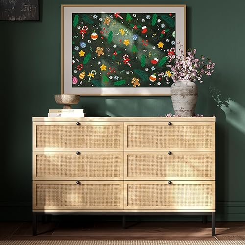 Yechen Cómoda moderna de 6 cajones de 47.2 pulgadas de ancho con cajones de ratán natural, cómoda de madera industrial para dormitorio con patas de
