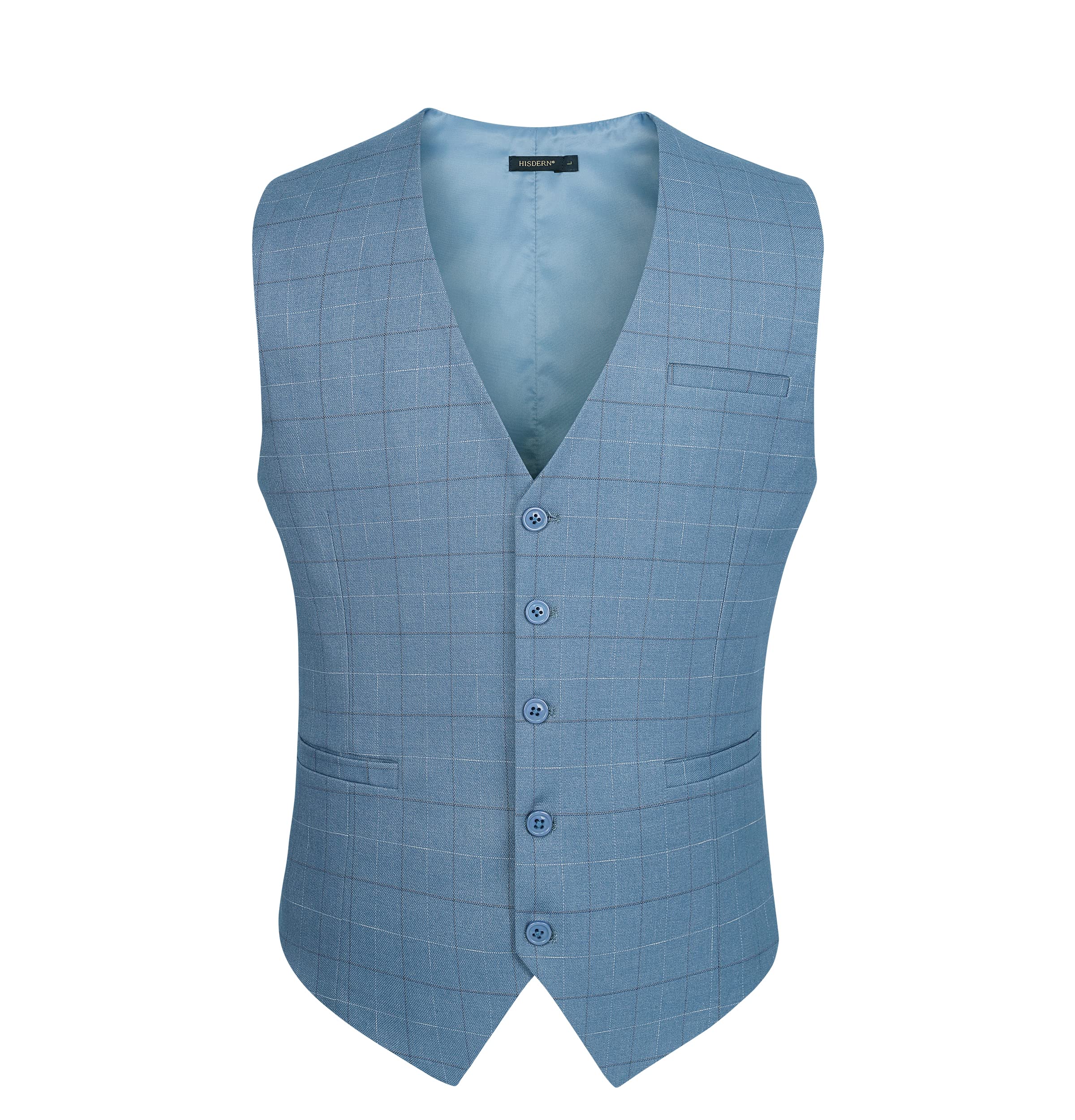 HISDERN Gilet Formale da Uomo Azzurro in Cotone Panciotto Uomo Elegante Casual con Motivo Scozzese a Quadri Estivo L