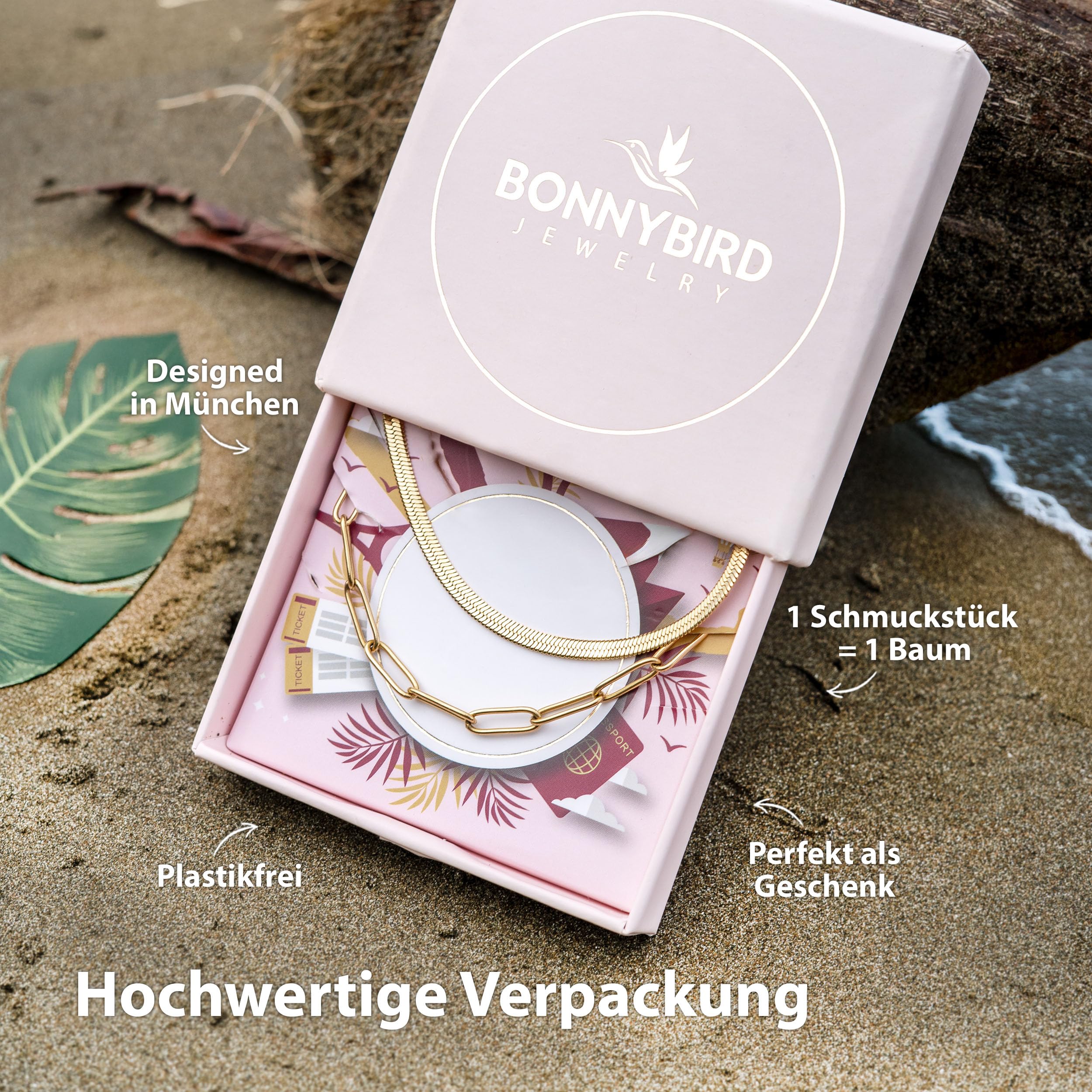 BONNYBIRD® Wasserfeste Edelstahl Gliederkette + Schlangenkette im Set für Damen in Silber, Gold & Roségold, 100% Wasserfest & Hautverträglich BonnyVoyage