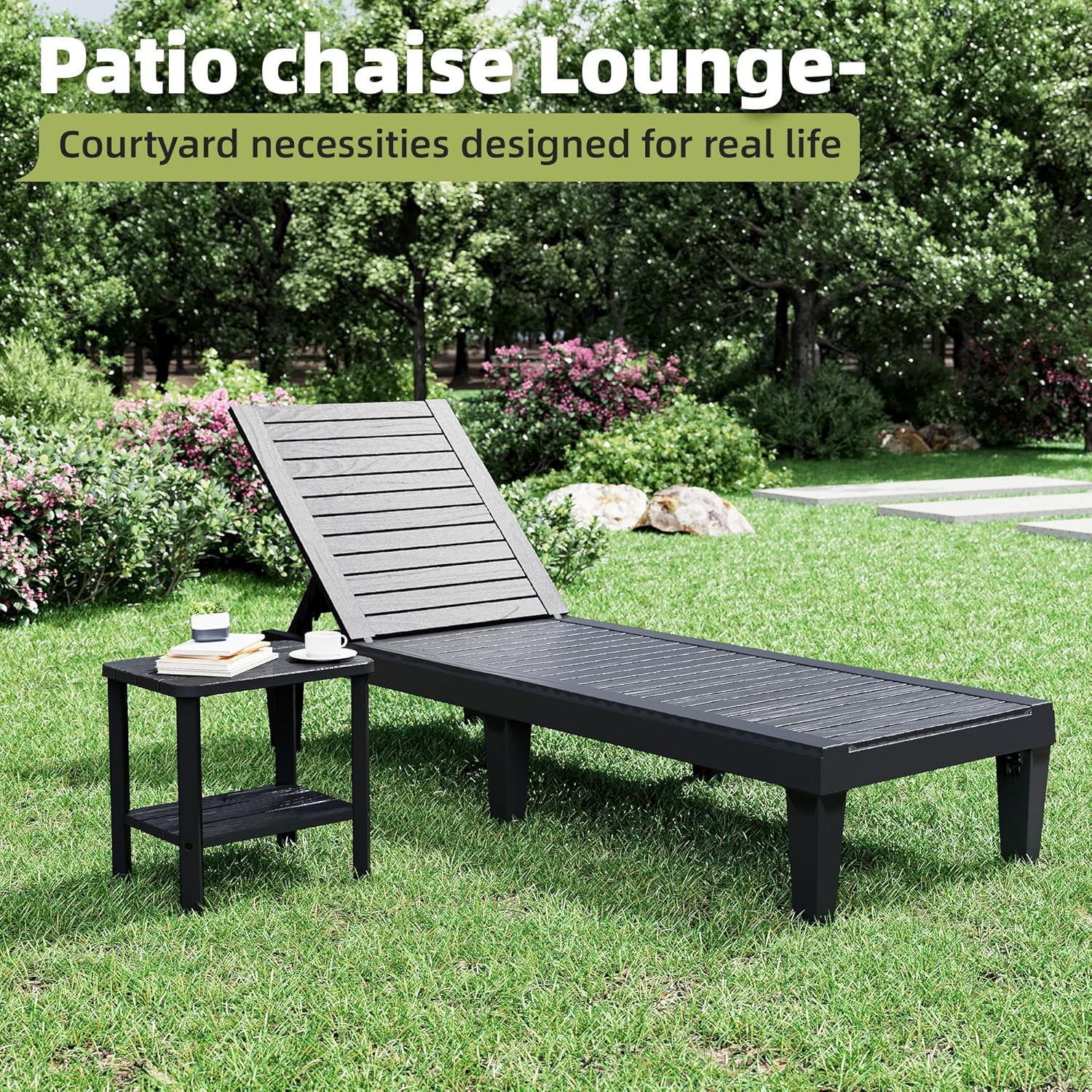 KAMABOKO HDPE Outdoor Side Table, 2-Tier Adirondack End Table Wood-Like Grain 16" Waterproof Square Storage Tables for Patio Pool Backyard Lawn and Indoor(Black)