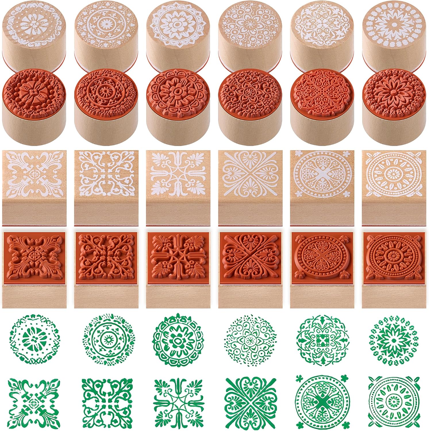12Pcs Rubber Stamps Round and Square Decorative Wooden Stamps Set, Wood Stamps for Crafting, Letters, Scrapbooking and DIY Craft Card