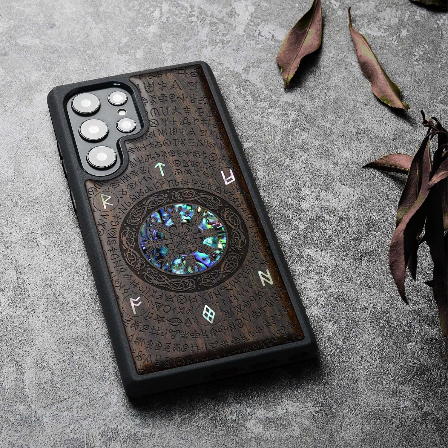 Carveit Designer Wooden Cover for Samsung Galaxy S22 Ultra Case [Wood Engraving & Shell Inlay] Unique Wood Phone Case Compatible with Wireless Chargers Galaxy S22 Ultra (Viking-Blackwood)