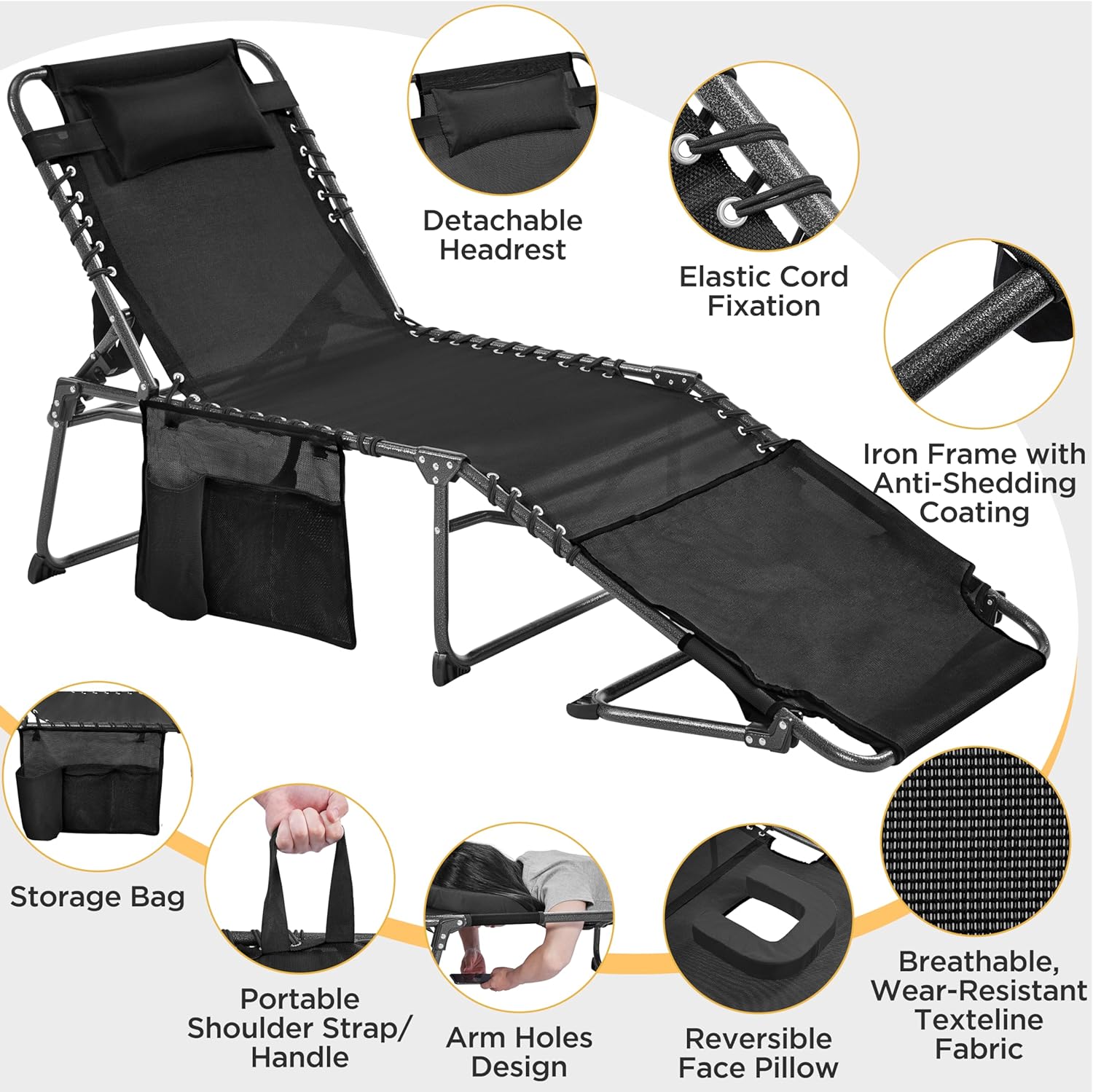 Детальний view of the Yaheetech Tanning Chair highlighting its features: detachable headrest, elastic cord fixation, iron frame, storage bag, portable shoulder strap/handle, arm holes design, reversible face pillow, and breathable, wear-resistant Texteline fabric.