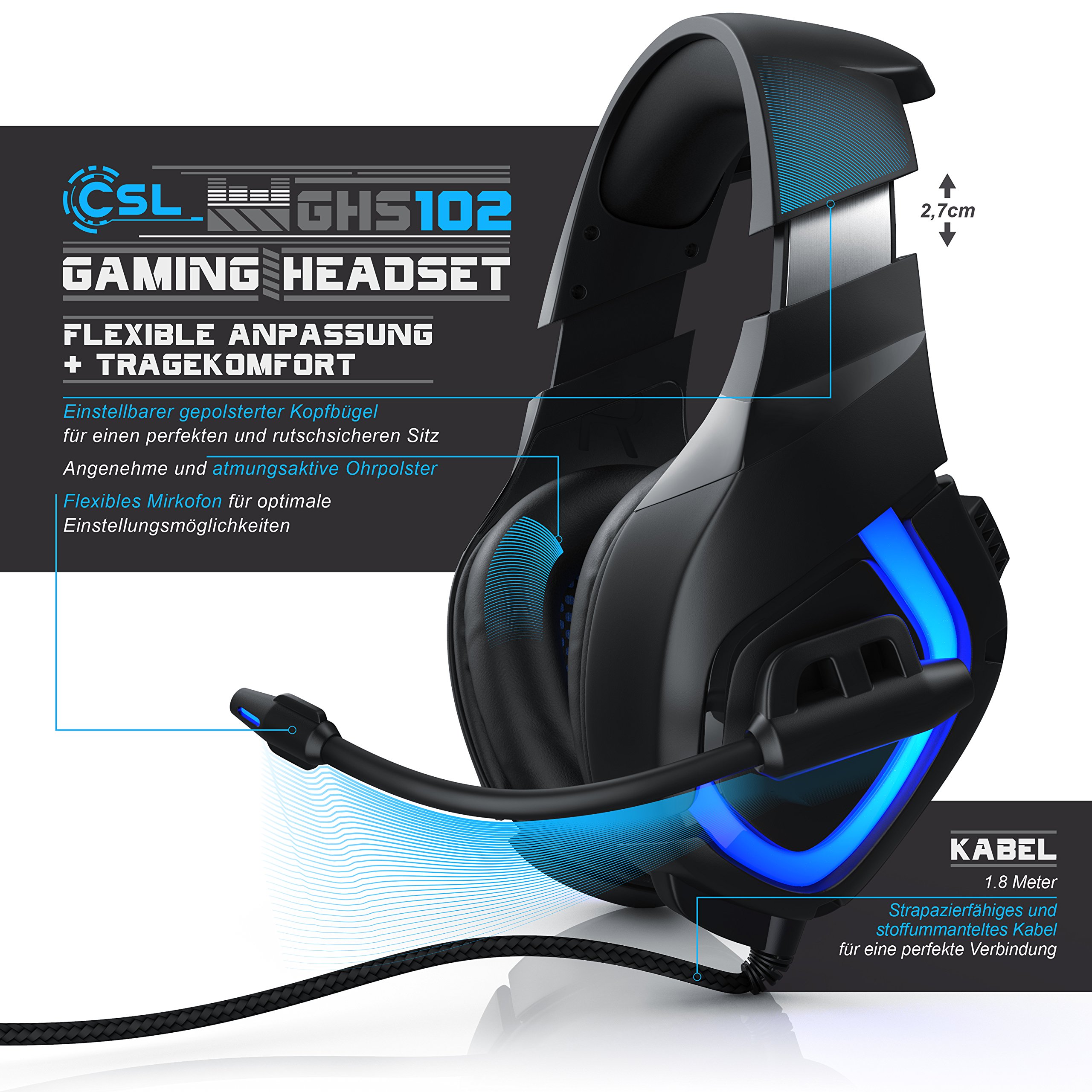CSL - USB Gaming PC Headset mit Mikrofon - Kabelfernbedienung Externe Soundkarte - Mikrofon flexibel einklappbar - für Gaming Musik Internet-Telefonie - LED-Beleuchtung - für PC Mac