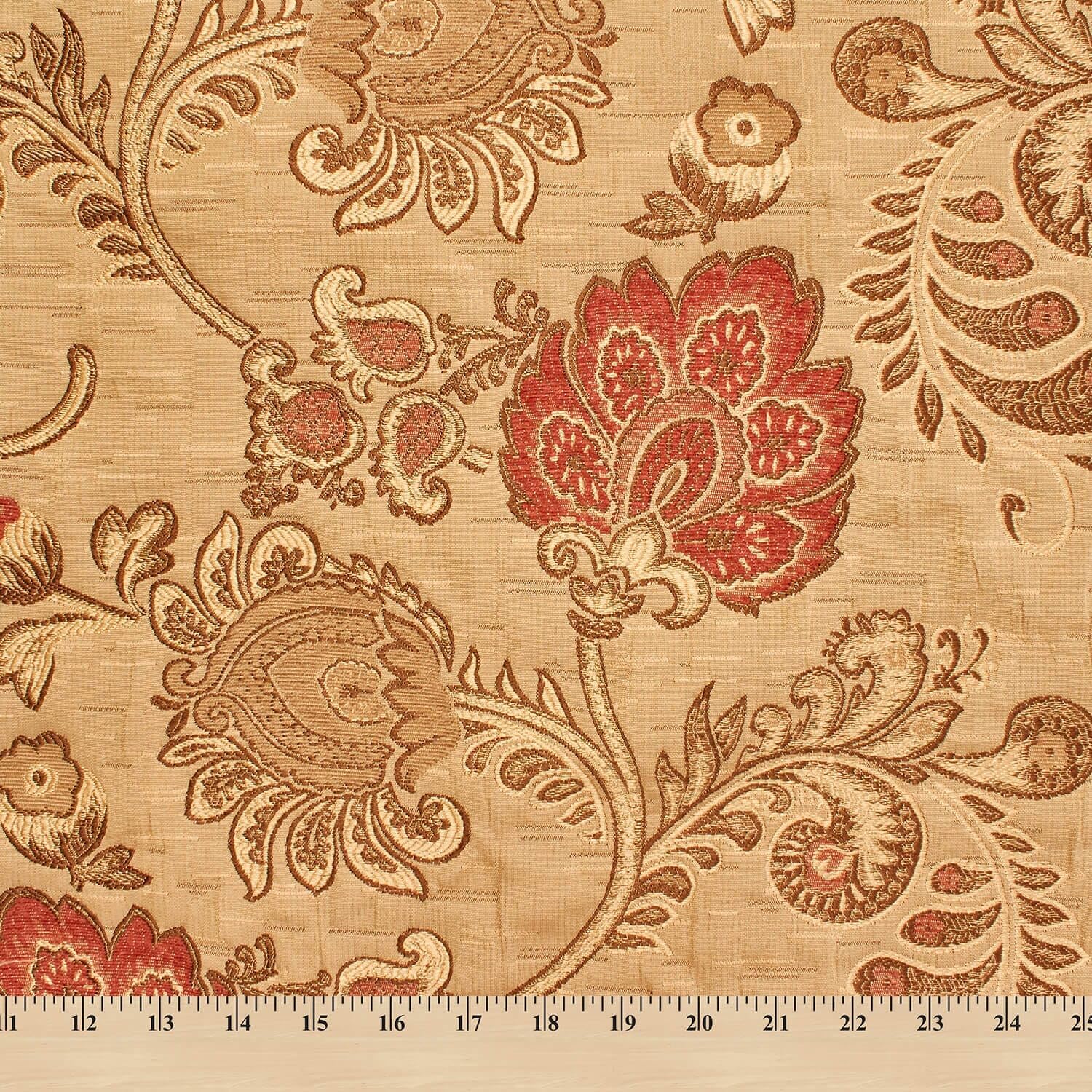 Floral Chenille Upholstery Brocade Jacquard 58/59 Fabric by The Yard (Gold/Red)