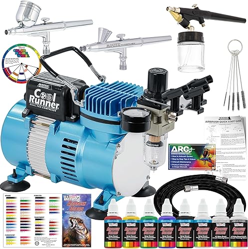 Equipo profesional de 3 sistemas de aerógrafo con compresor y kit de pinturas de 6 colores primarios, de Master Airbrush