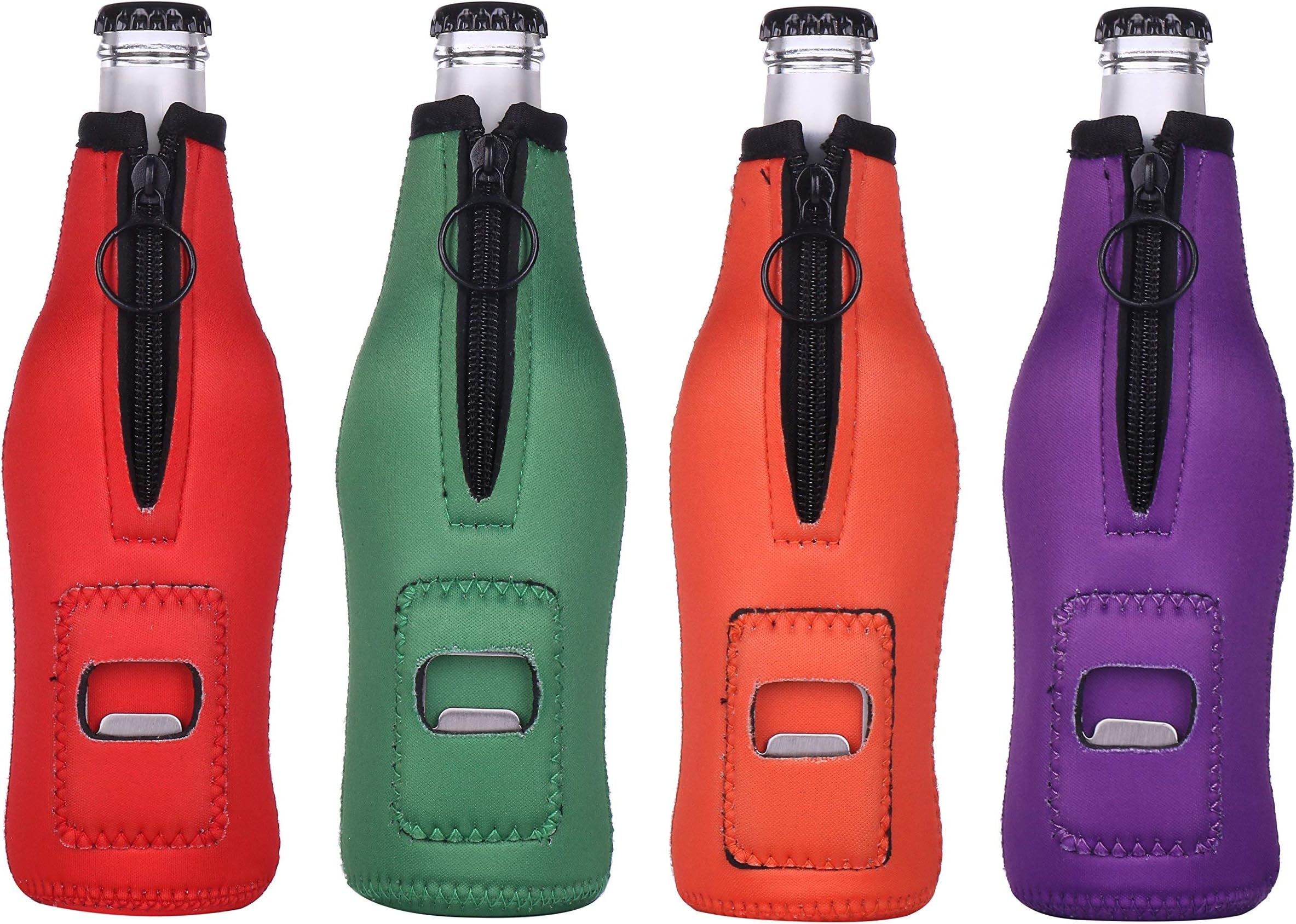 Beer Bottle Insulator Sleeve Keeps Beer Cold and Hands Warm, Pack of 4. Built in Bottle Opener