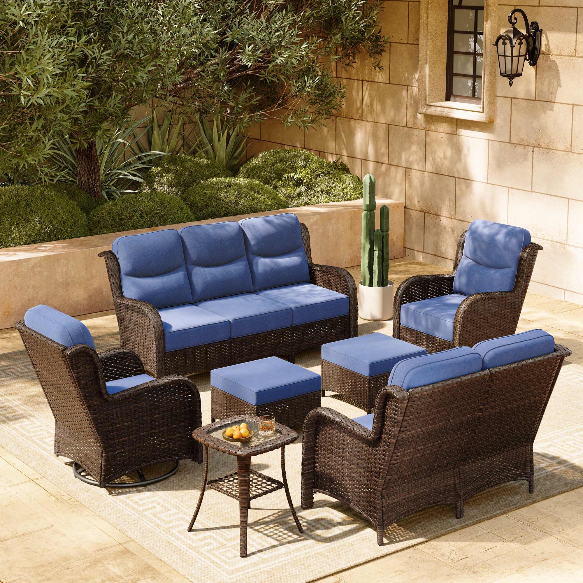 HILLGA Luxury Patio Furniture Set with 6-inch Thick Cushion, Outdoor Couch, Loveseat and High Back Swivel Rocker Patio Chairs, 7PCS Wicker Conversation Set for Deck, Yard, and Poolside in Blue (V2)