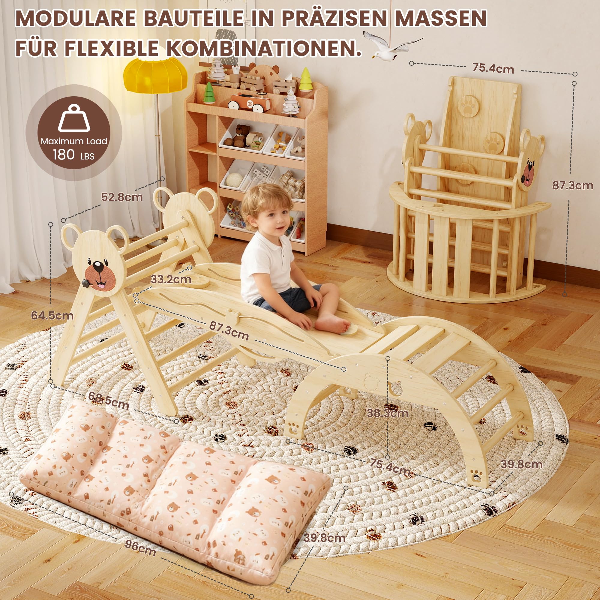 Klettergerüst Indoor,Holz Montessori Kletterdreieck mit Rutsche, Bogen，Leiter&Spielmatte ，für Kinder ab 1 Jahr(Naturholz)