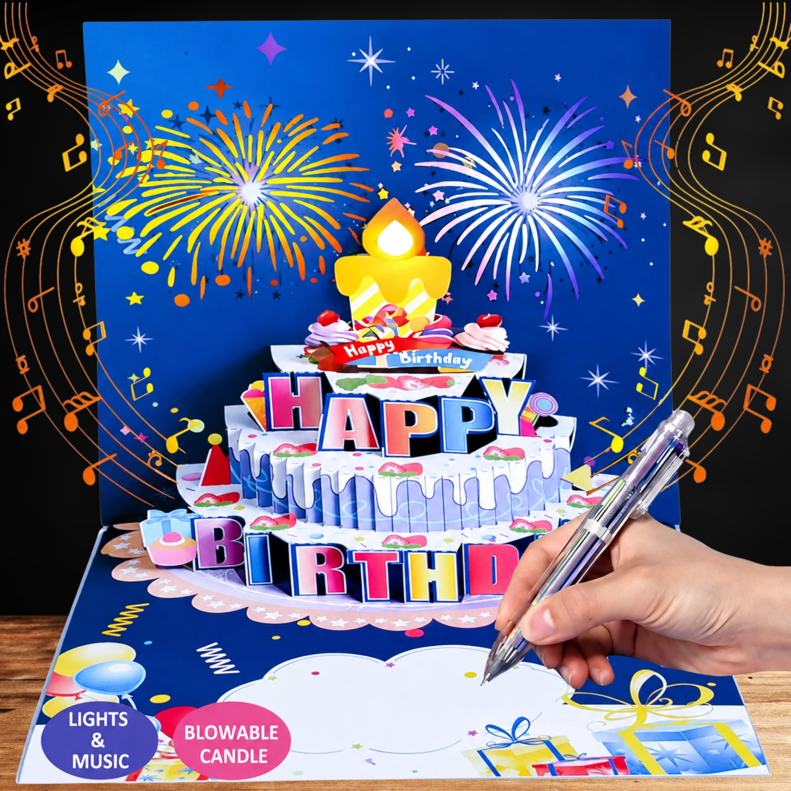 Musical Birthday Greeting Card 3D Pop Up Cake with Music, LED Lights, Blowable Candle & Fireworks Sound | Happy Birthday Card with Envelope | Gift Girlfriend Boyfriend | Navy Blue-image-12