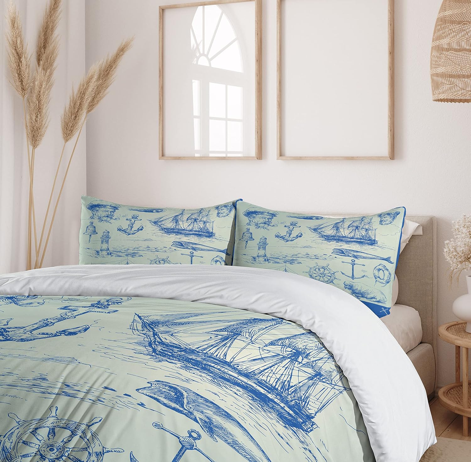 Ambesonne Nautical Anchor Duvet Cover Set, Whale Sail Boat Steering Wheel and Old Lighthouse Fishing Theme Sketchy, Decorative 2 Piece Bedding Set with 1 Pillow Sham, Twin Size, Eggshell Blue Twin Eggshell Blue