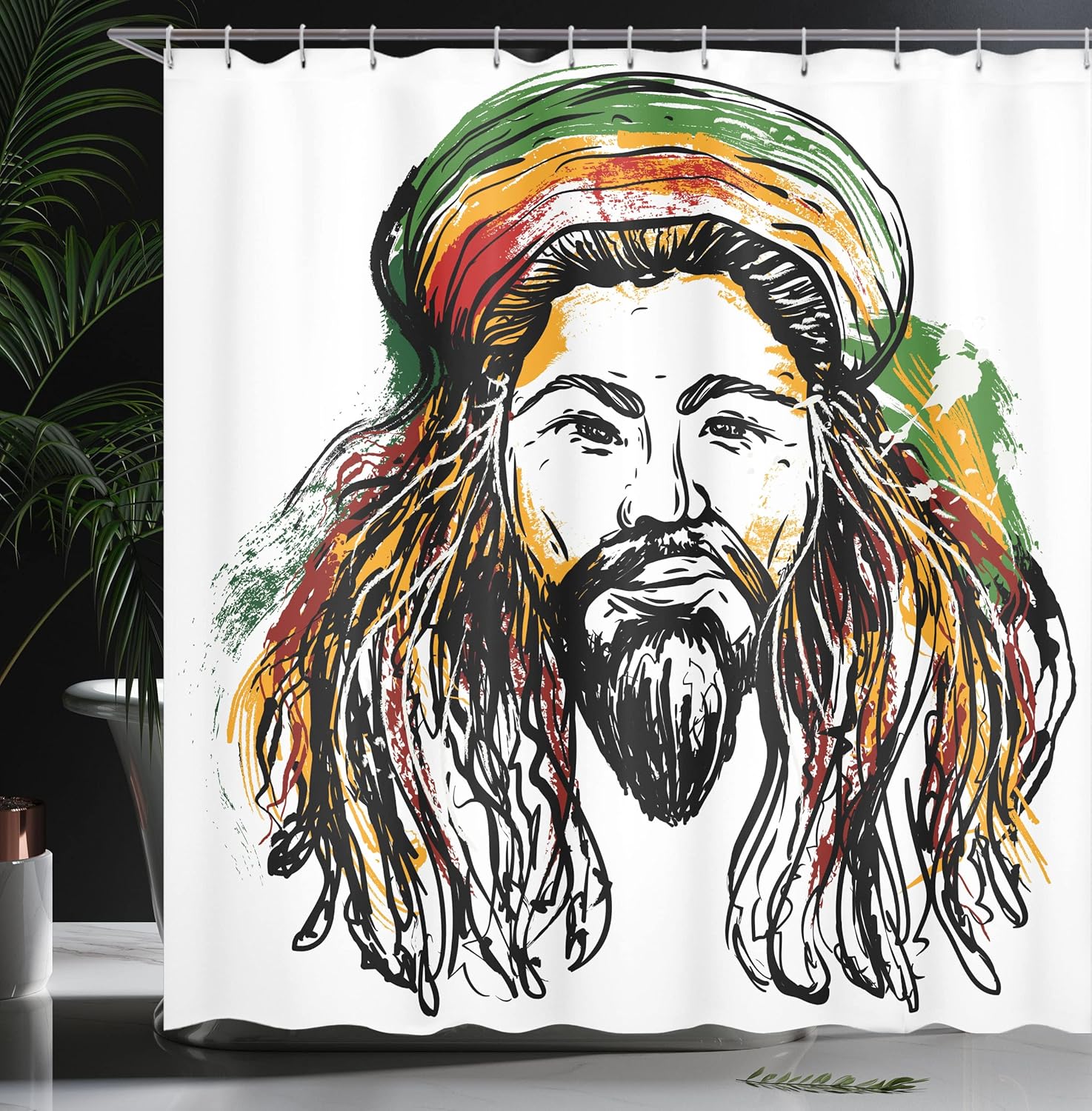 Ambesonne Rasta Shower Curtain, Folk Culture Concept Sketchy Portrait of Rasta Man Jamaican Island Theme Reggae Cultural Art Image, Fabric Bathroom Decor Set with Hooks, 69" W x 70" L, Black Green