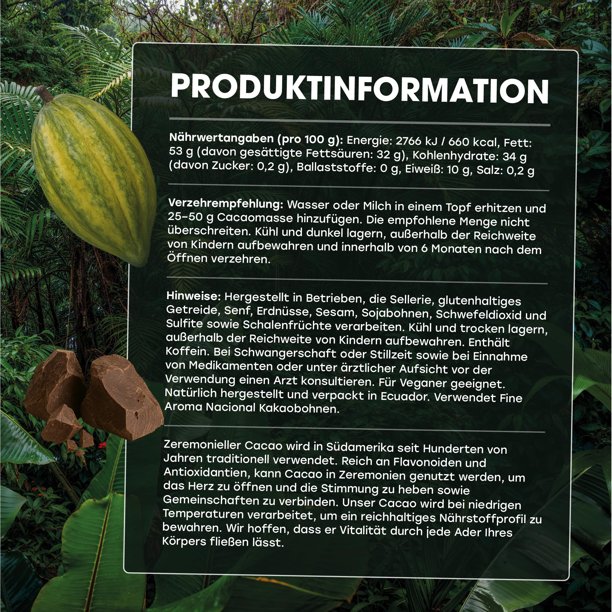 Zeremonieller Kakao 500 g Ecuadorianische Rohschokolade Nacional Bean ungesüßter Semveta