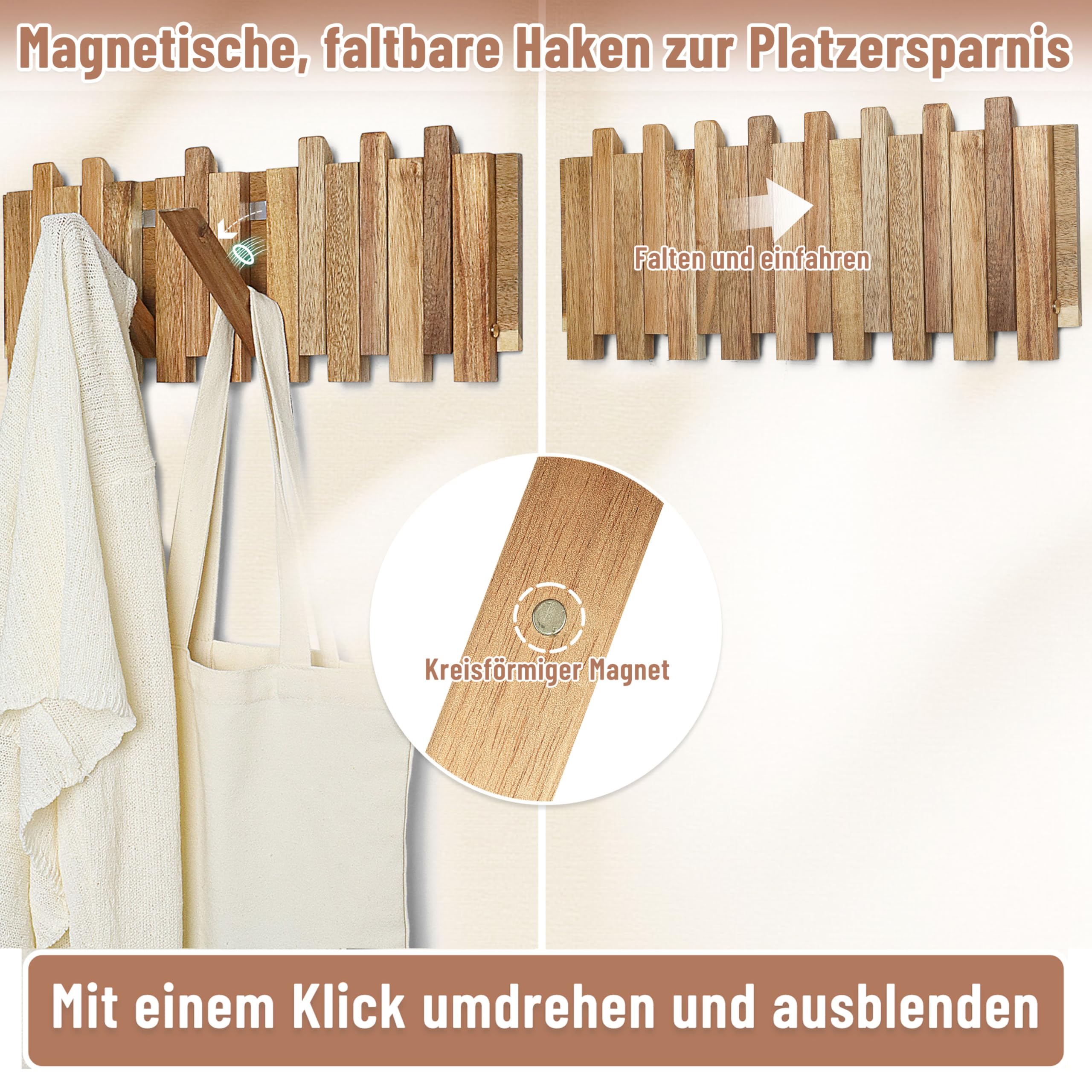 Garderobenleiste Holz im rustikalen Stil mit 8 Haken: Versetzter Stil magnetisch Herunterklappbare Wandhaken für Flur – 42,5 cm – platzsparende Wandgarderobe für Jacken, Mäntel, Taschen